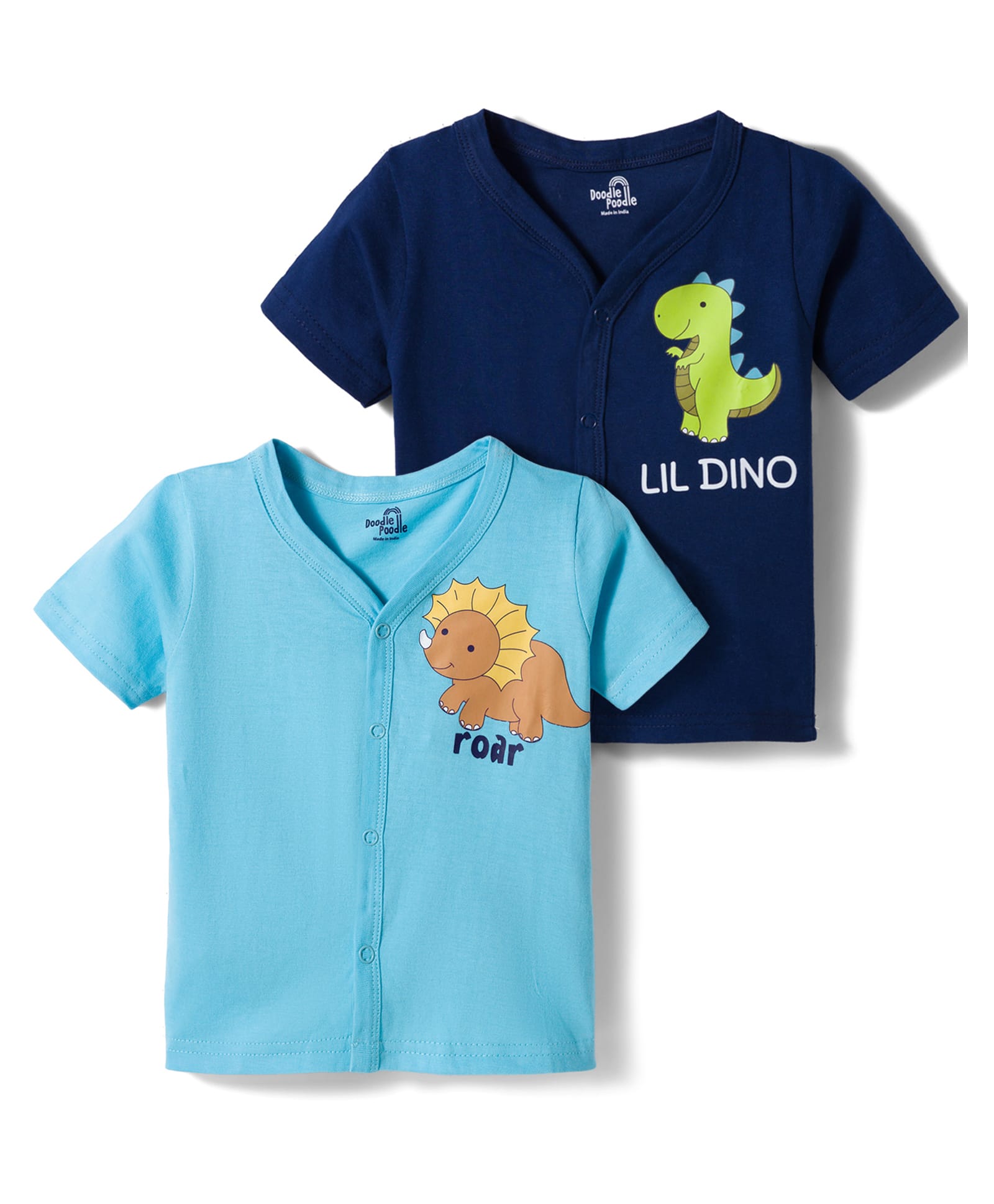 Doodle Poodle 100% Cotton Knit Half Sleeves Jhablas with Dino Print Pack of 2 - Light & Navy Blue-image-34