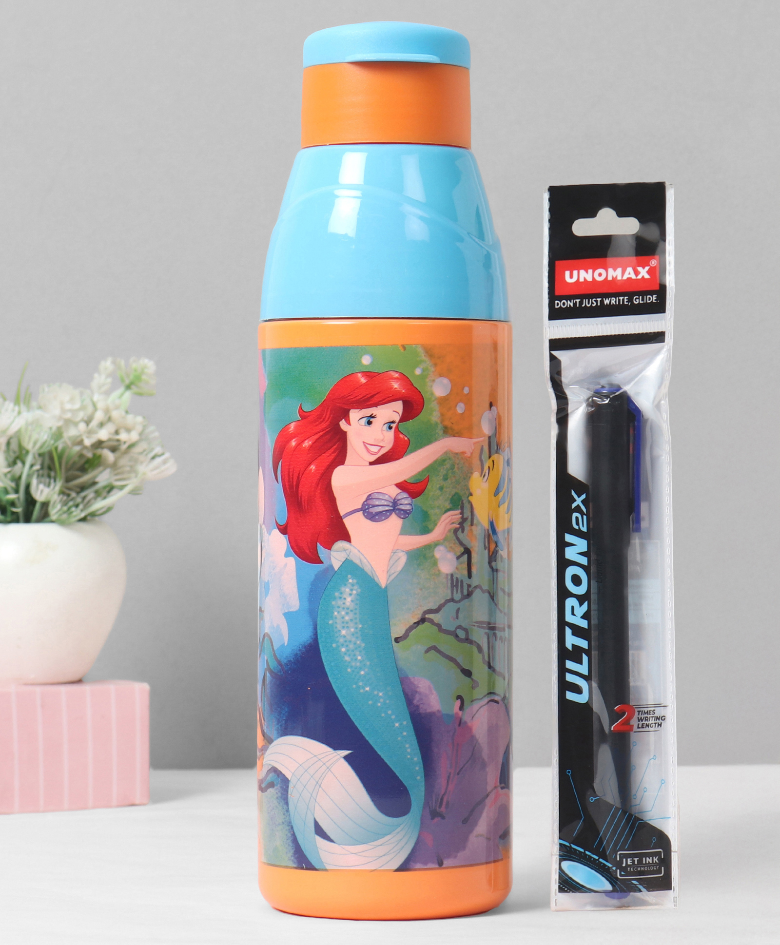 Cello Puro Frolic 600 Inner Steel Insulated Water Bottle with Disney Princess Ariel Print & Ball Pen Light Blue - 530 ml-image-20