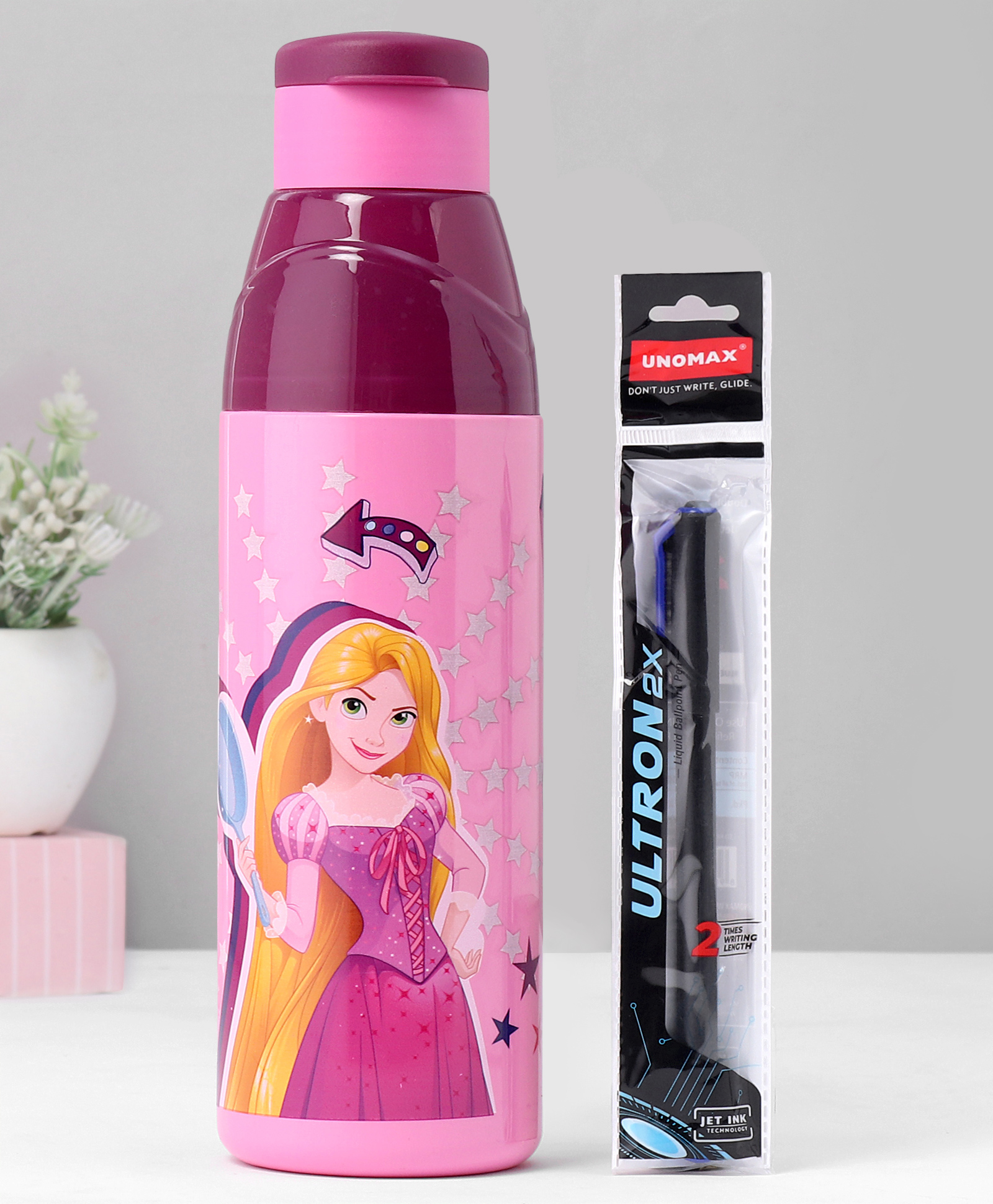 Cello Puro Frolic 600 Inner Steel Insulated Water Bottle With Rapunzel Print & Ball Pen Violet - 530 ml-image-18