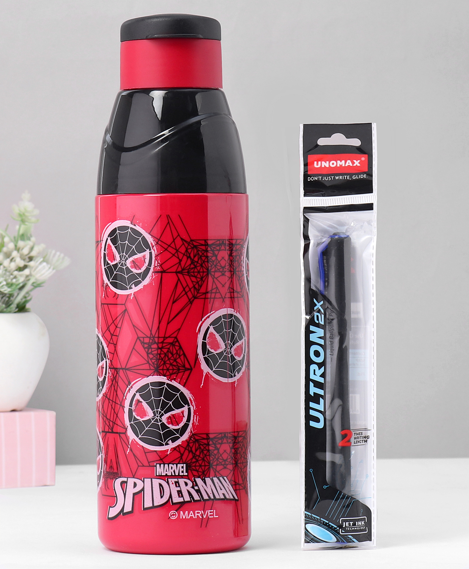 Cello Puro Frolic 600 Inner Steel Insulated Water Bottle With Spider Man Print & Ball Pen Red - 530 ml-image-48