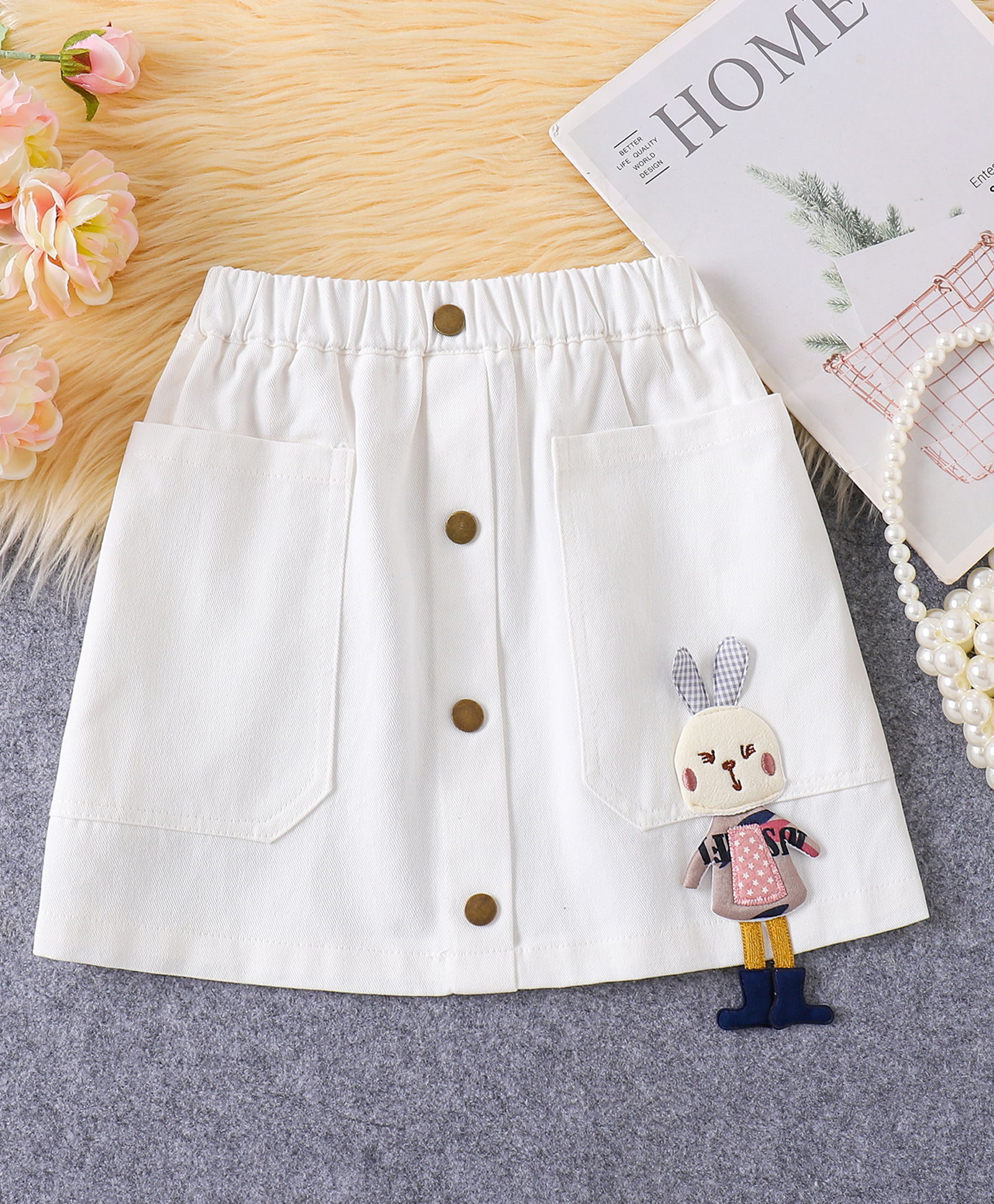 Mark & Mia Cotton Knee Length Solid Colour Skirt with 3D Applique - White-picture-16