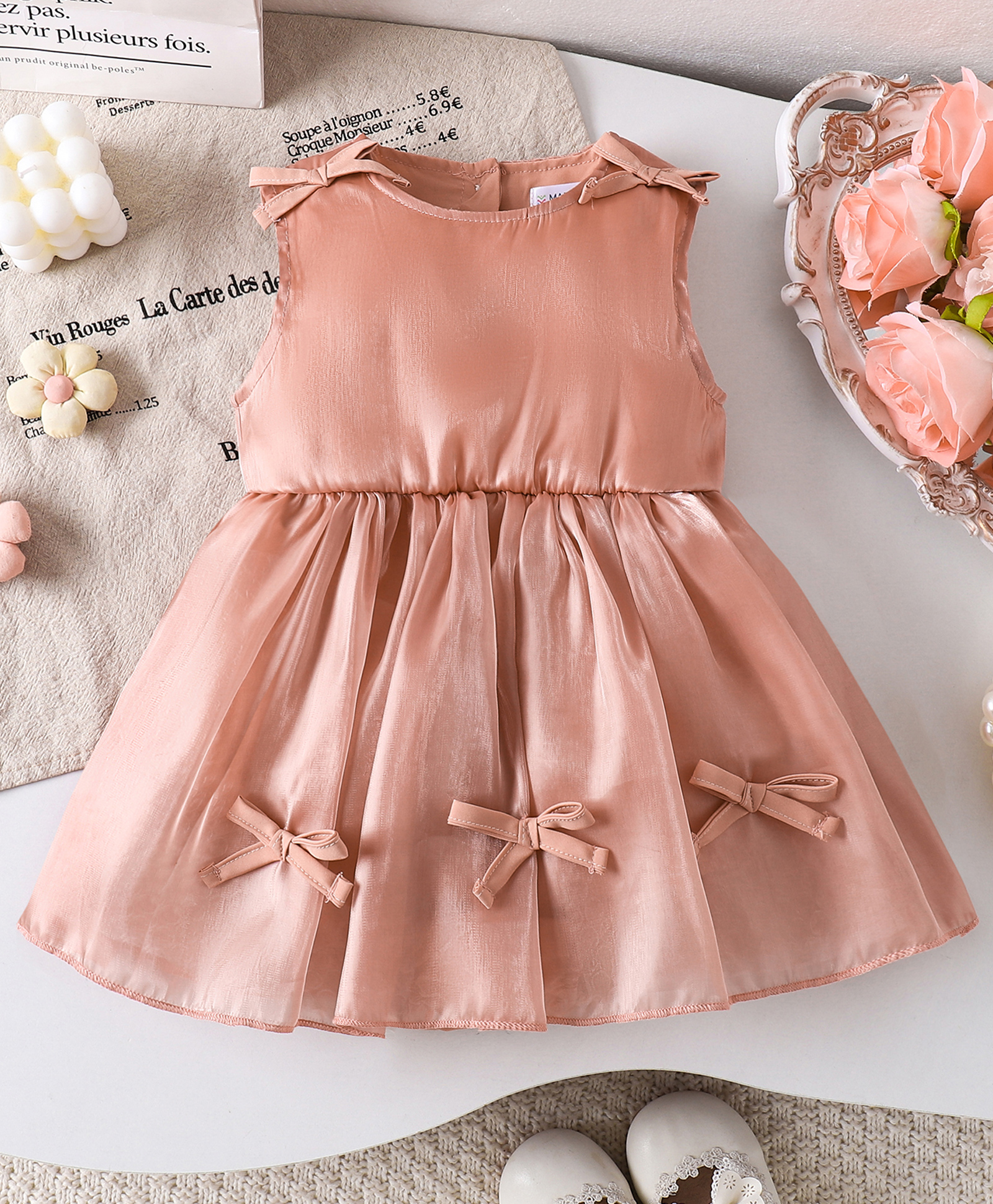 Mark & Mia Sleeveless Solid Colour Frock Style Onesie with Bow Applique - Pink-image-5