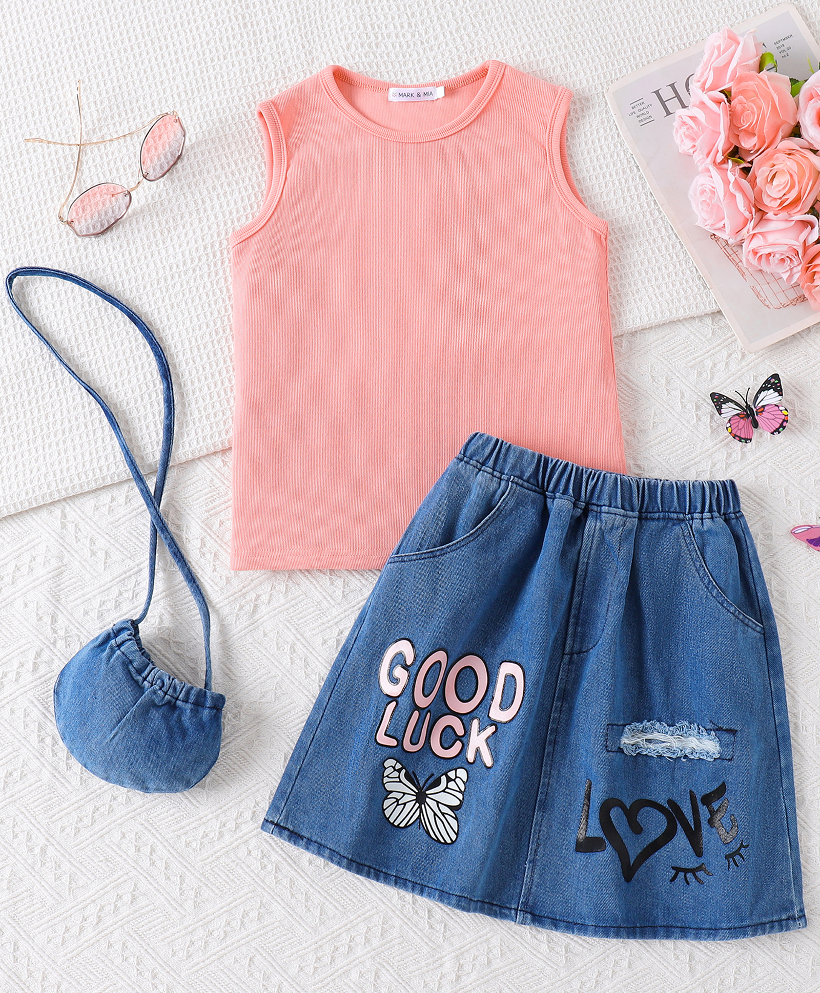 Mark & Mia Sleeveless Top & Skirt Set With Butterfly Print & Sling Bag - Pink-image-48