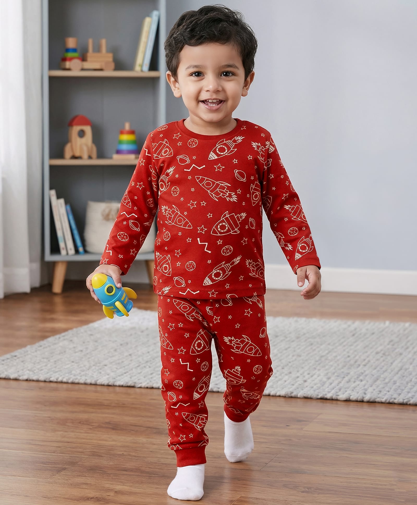 Babyhug Cotton Knit Full Sleeves Space Theme Printed Co-Ords T-Shirt & Pyjama Night Suit - Brown-image-32
