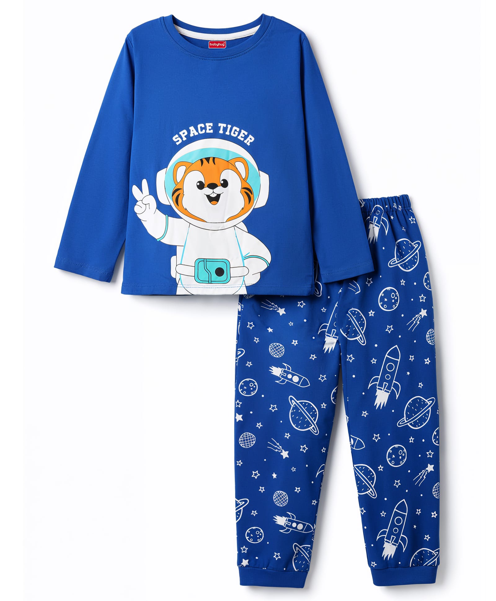 Babyhug Cotton Knit Full Sleeves Tiger & Space Theme Printed T-Shirt & Pyjama Night Suit - Blue-image-18