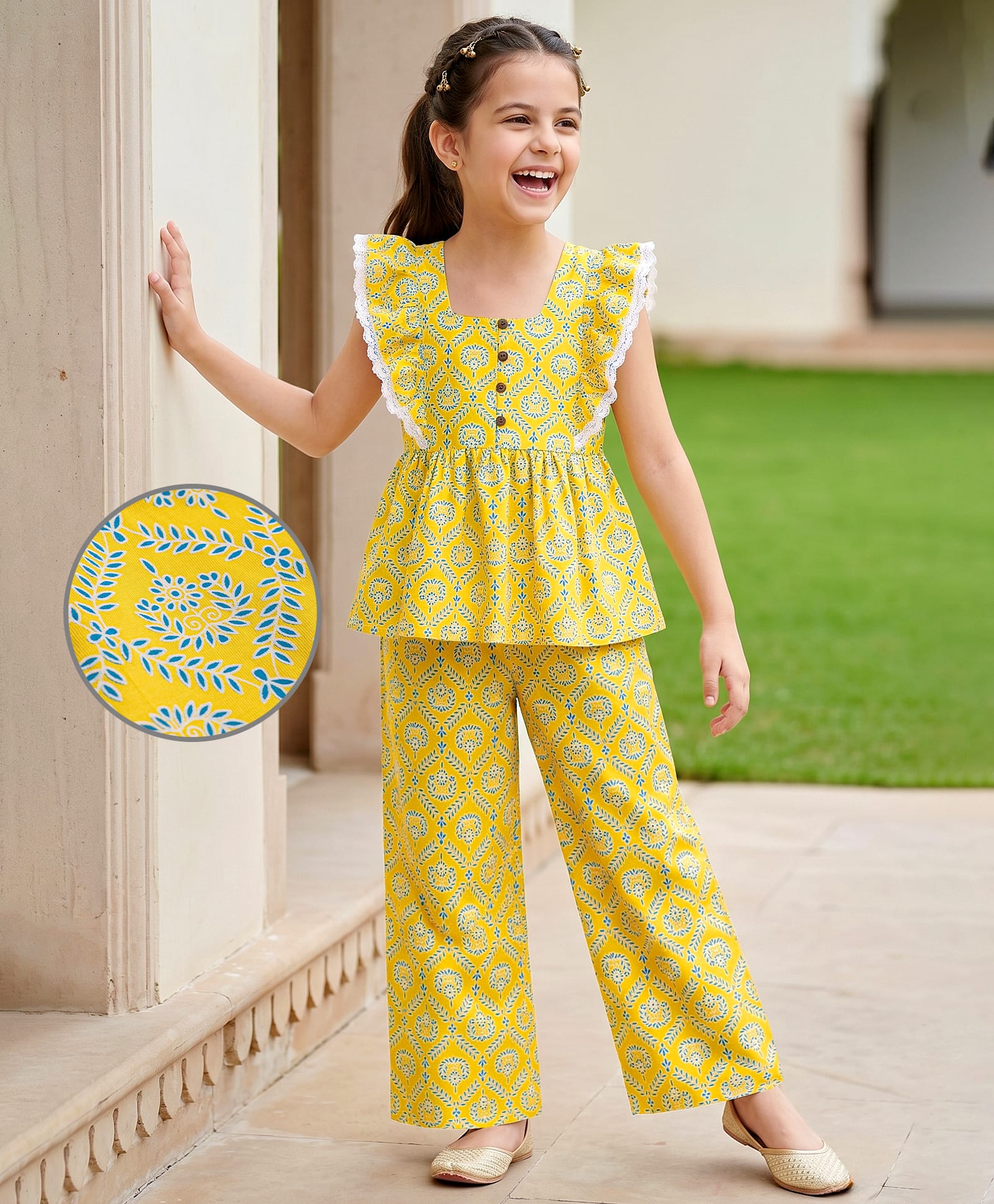 EARTHY TOUCH Cotton Knit Frill Sleeves Floral Printed Co-Ords Indo Western Set - Yellow-image-15