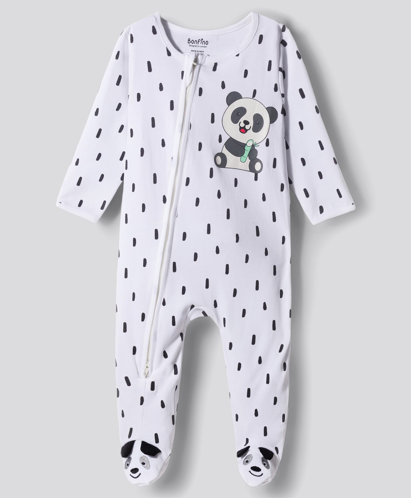 Bonfino 100% Cotton Full Sleeves Footed Sleepsuit With Panda Print & Applique - White-picture-42