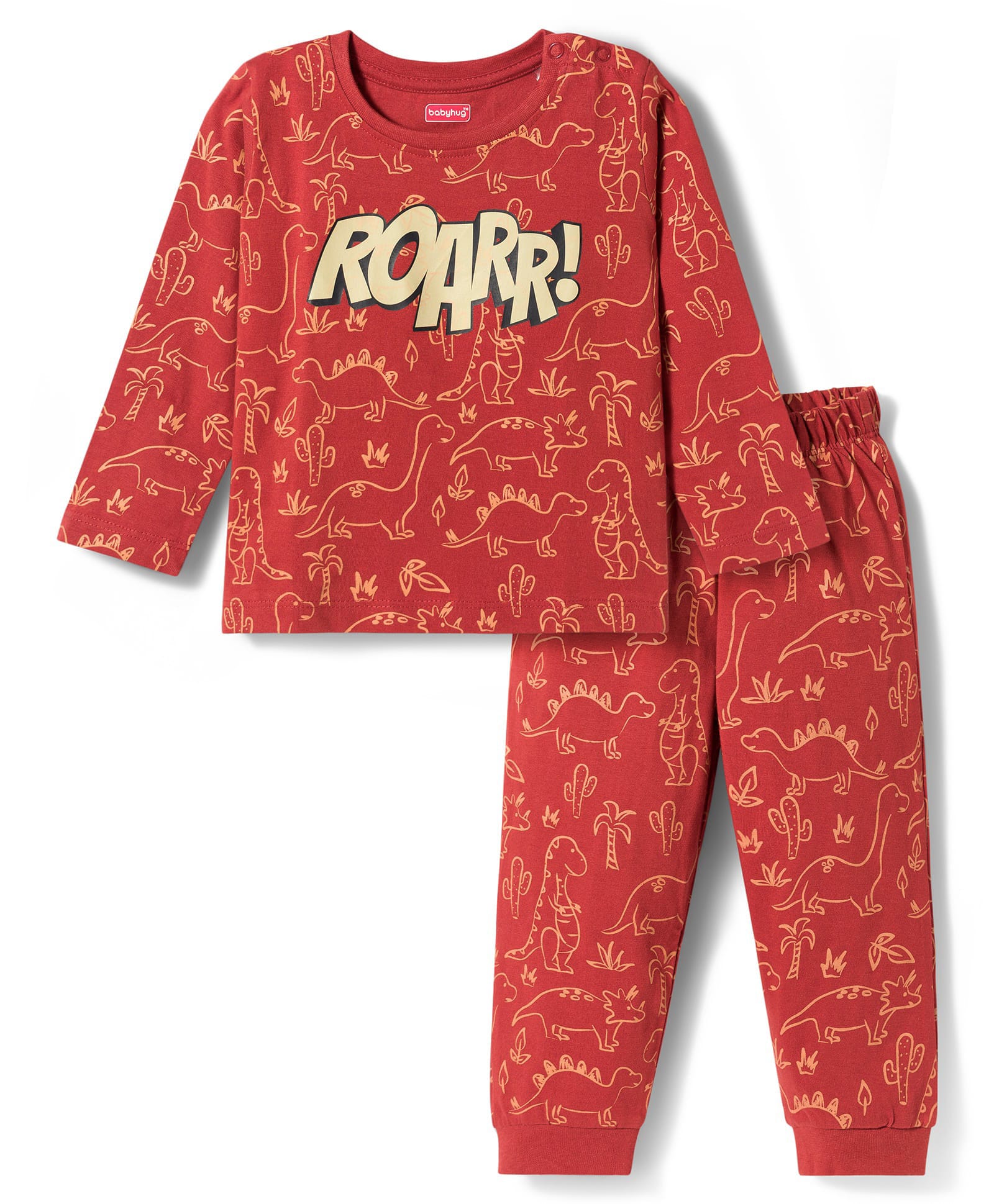 Babyhug Cotton Knit Full Sleeves Dino Printed T-Shirt & Pyjama Co-Ord Night Suit Set- Brown-image-26