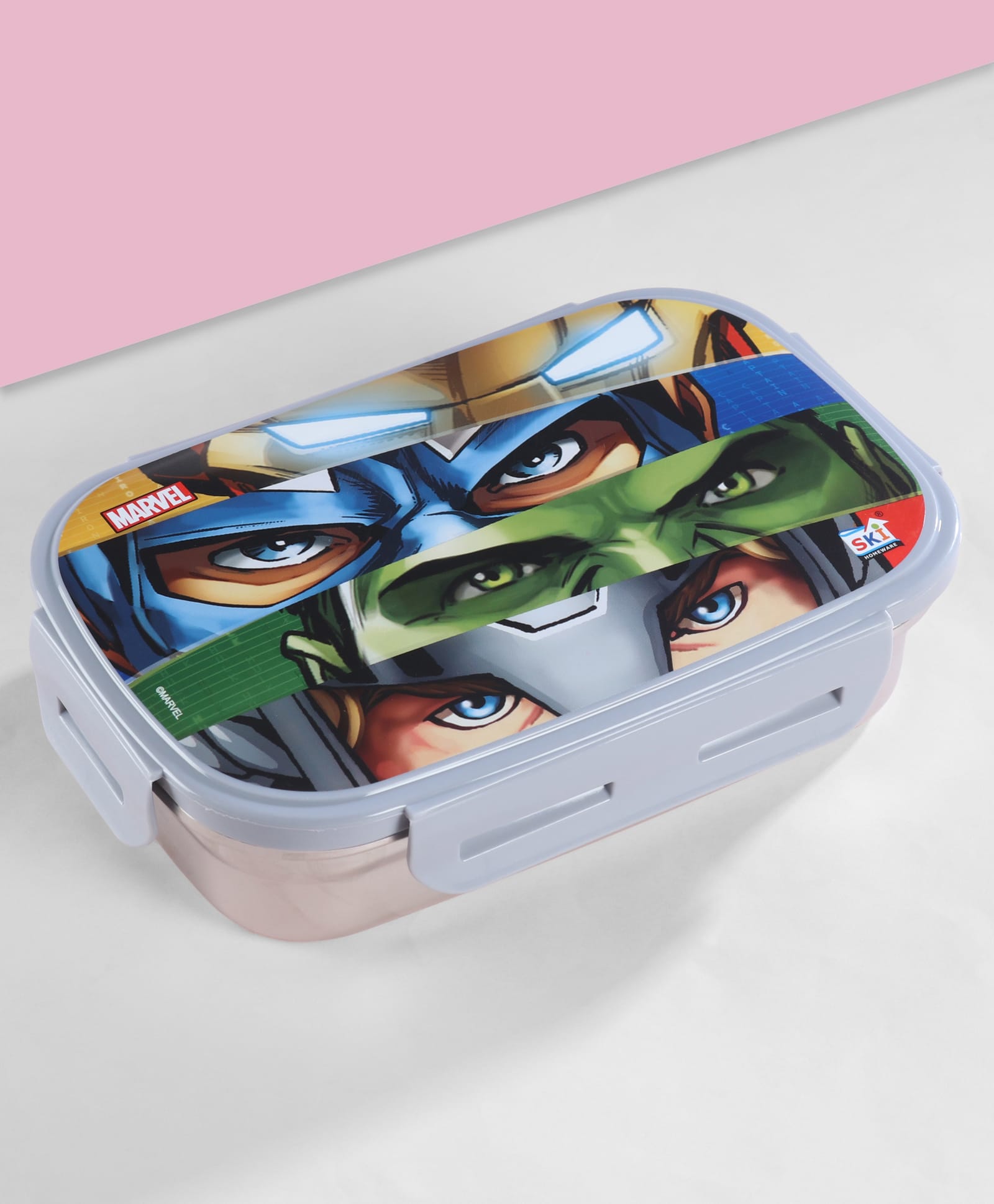 Marvel by SKI Indigo Stainless Steel Lunch Box with 150 ml Steel Inner Dabbi & Spoon cum fork Avengers Print - Light Blue-image-5