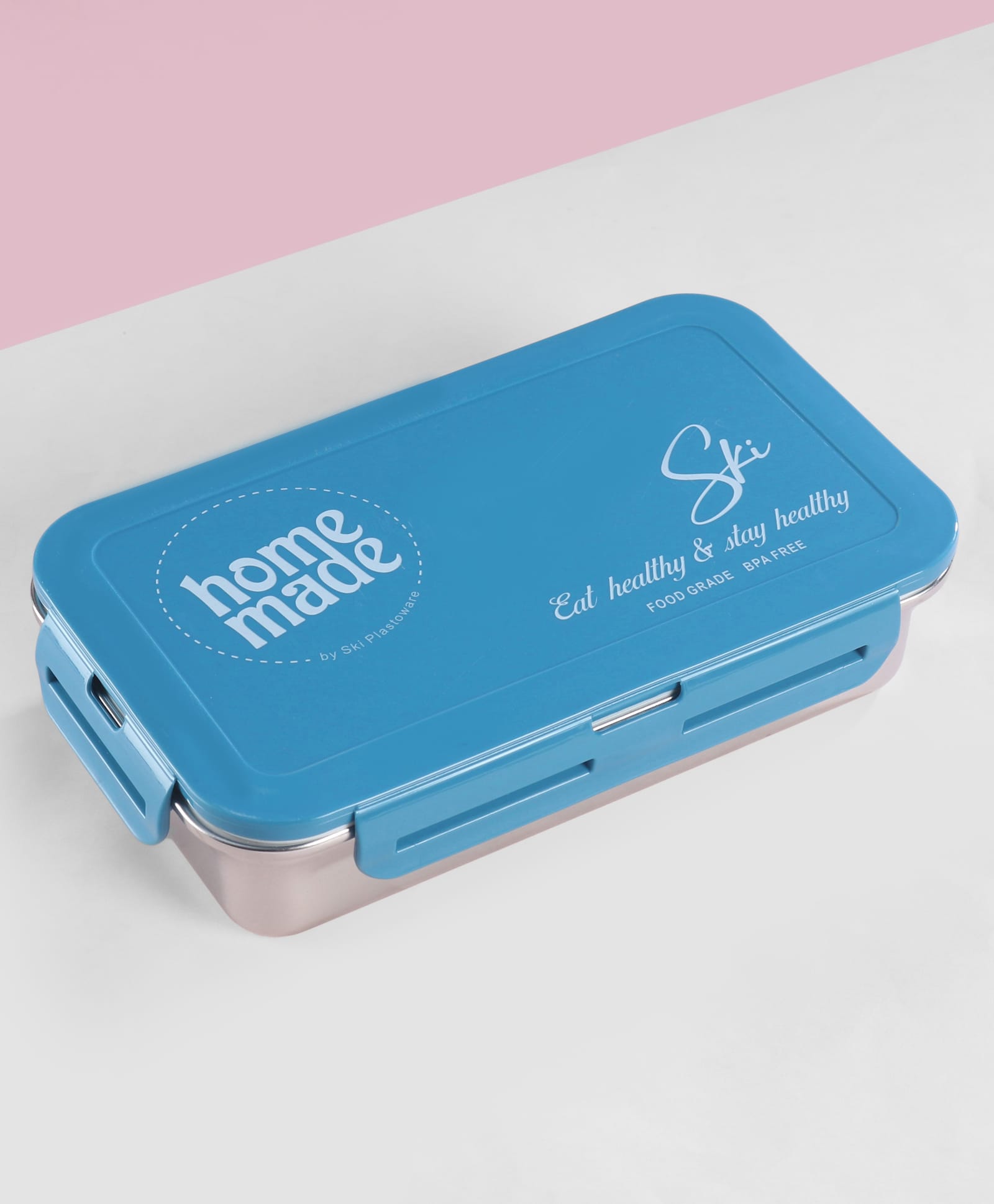 SKI Plastoware RELISH Single Wall Steel Lunch Box with Leak-Proof Container & Spoon - Blue-image-49