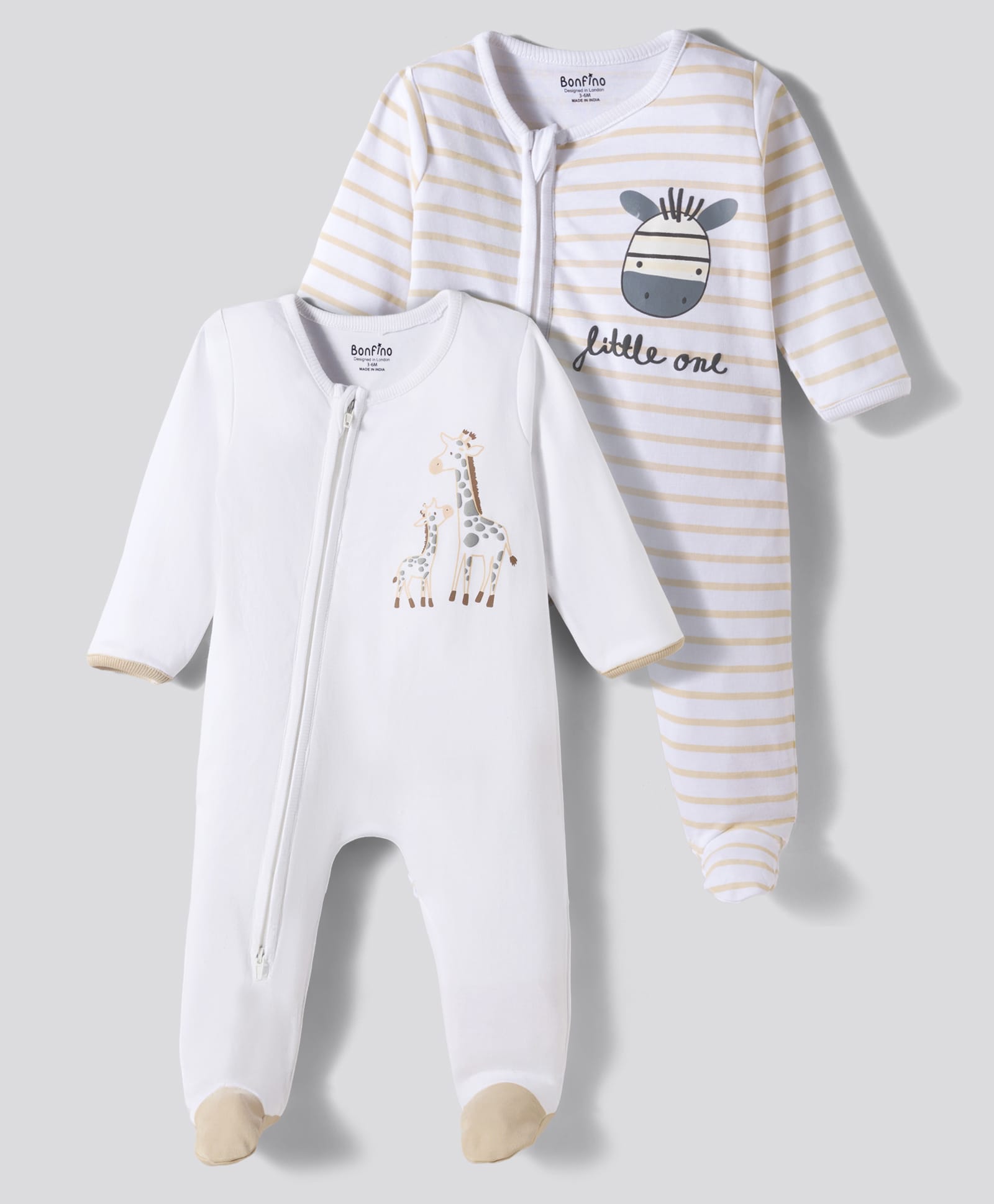 Bonfino 100% Cotton Knit Full Sleeve Striped & Animal Printed Front Open 2 Way Zipper Footed Sleepsuits Pack of 2- White-image-28