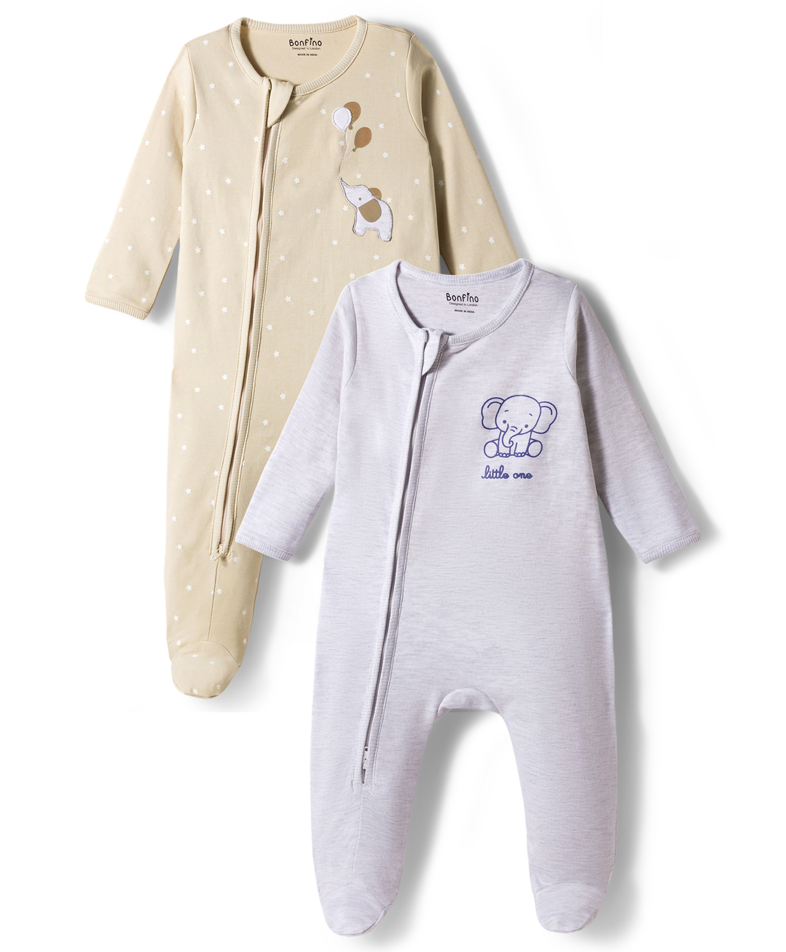 Bonfino Cotton Knit Full Sleeves Footed Sleep Suit With Elephant Print Pack of 2 - Grey & Beige-picture-17