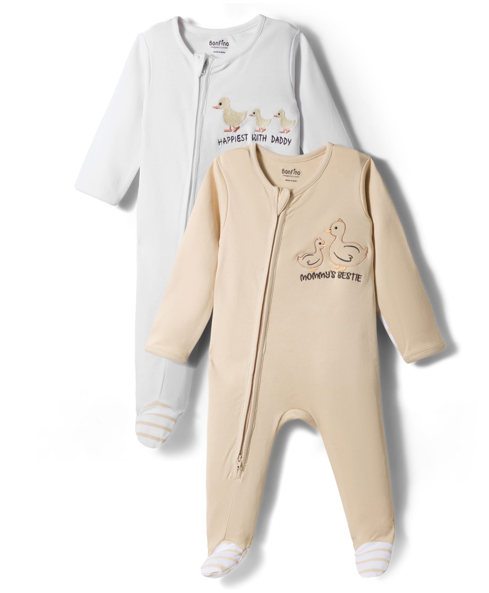 Bonfino 100% Cotton Knit Full Sleeves Footed Sleepsuits With Duck Embroidery Pack of 2 - White & Beige-image-42