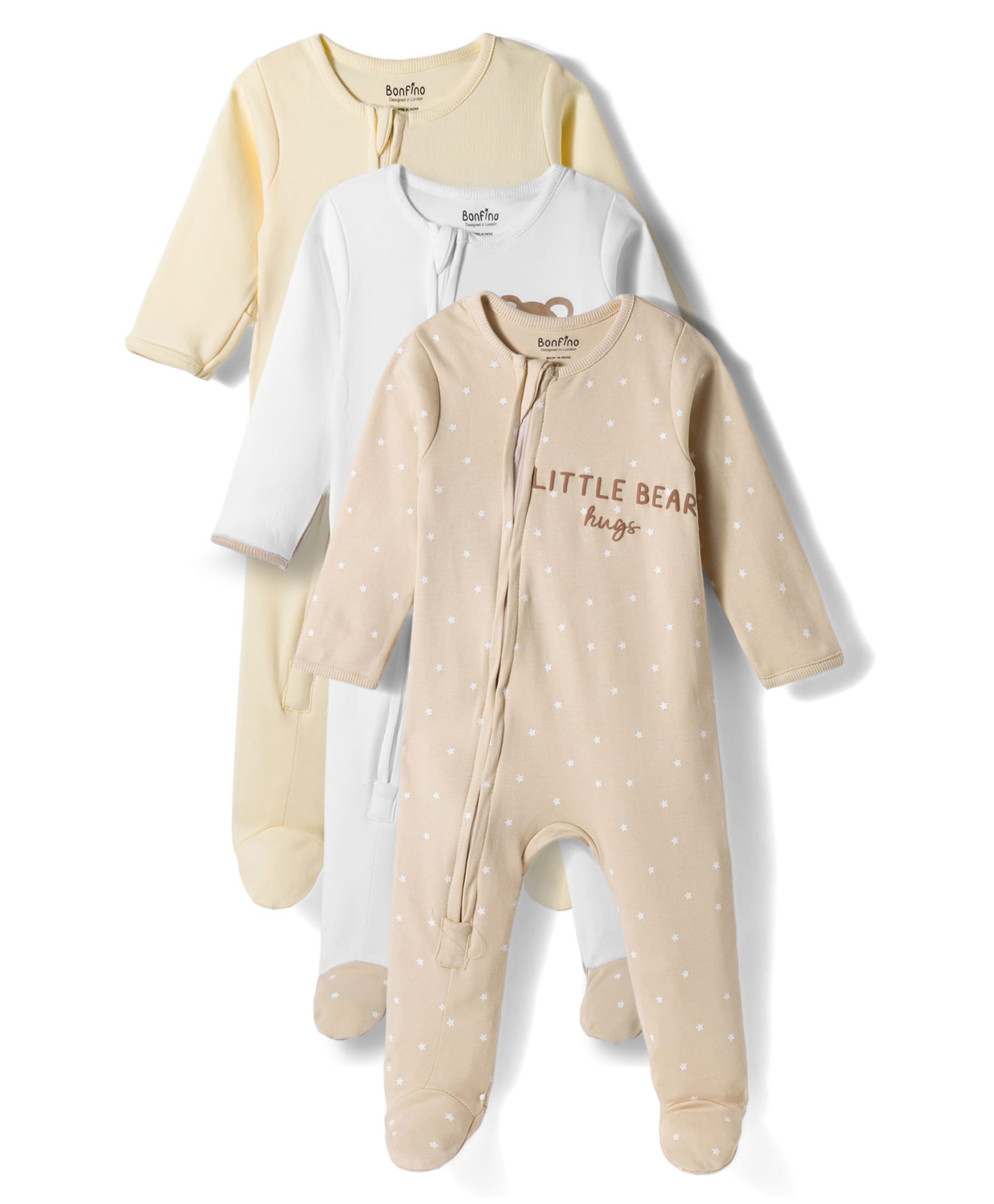 Bonfino 100% Cotton Knit Full Sleeves Footed Sleepsuits With Star & Teddy Bear Print Pack of 3 - Multicolor-picture-15