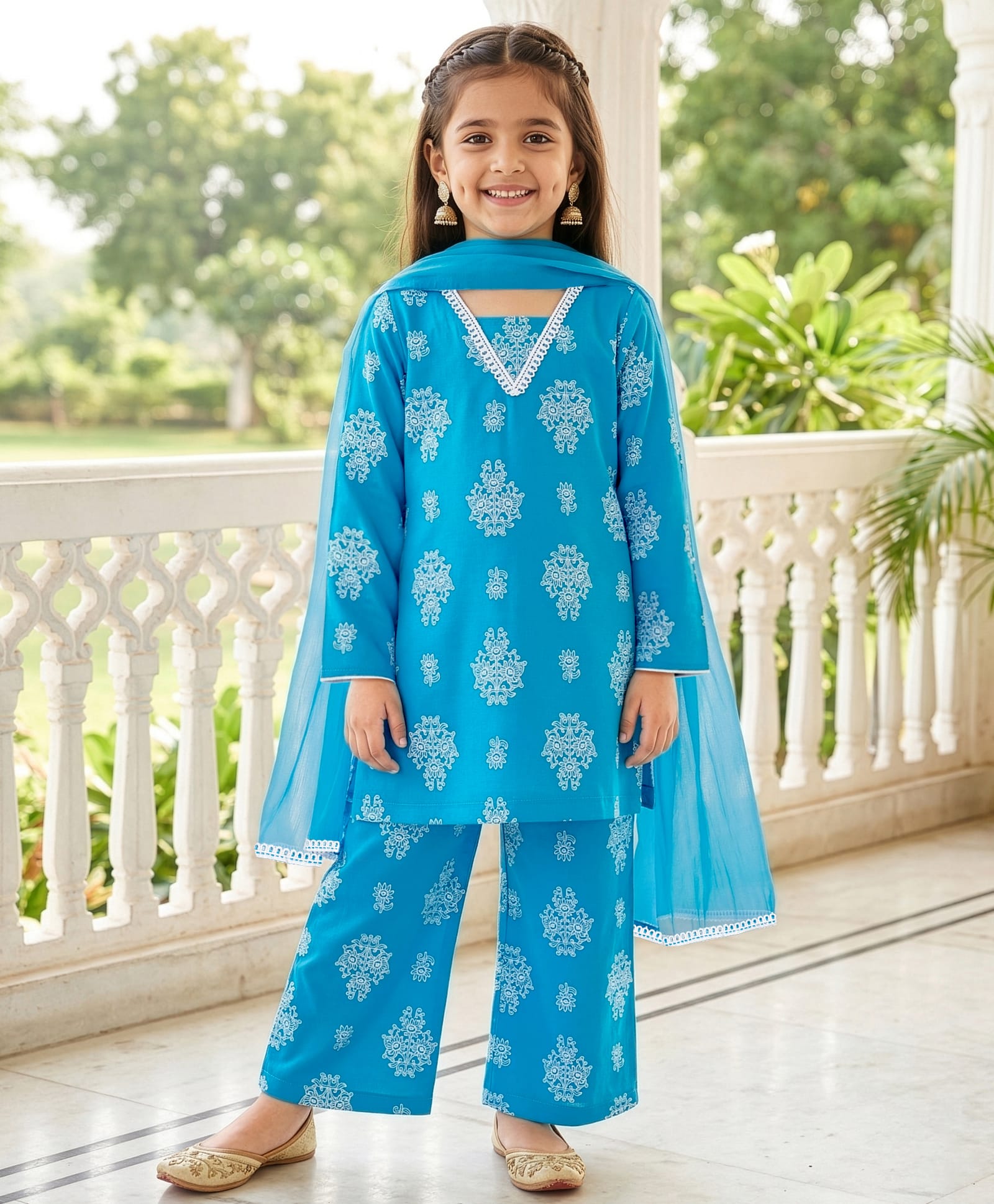 EARTHY TOUCH Cotton Jersey Knit Full Sleeves Kurti Salwar Set with Dupatta & Floral Print - Blue-image-32