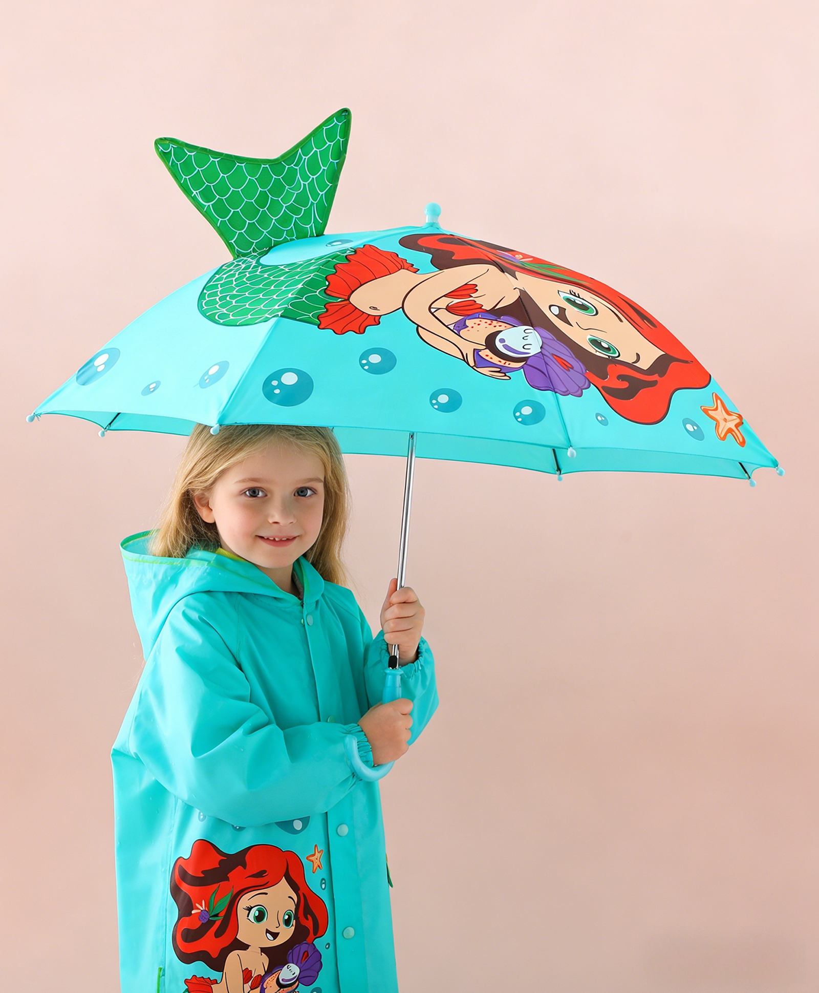 Babyhug Free Size Umbrella with Mermaid Print& Applique - Sea Green-picture-25