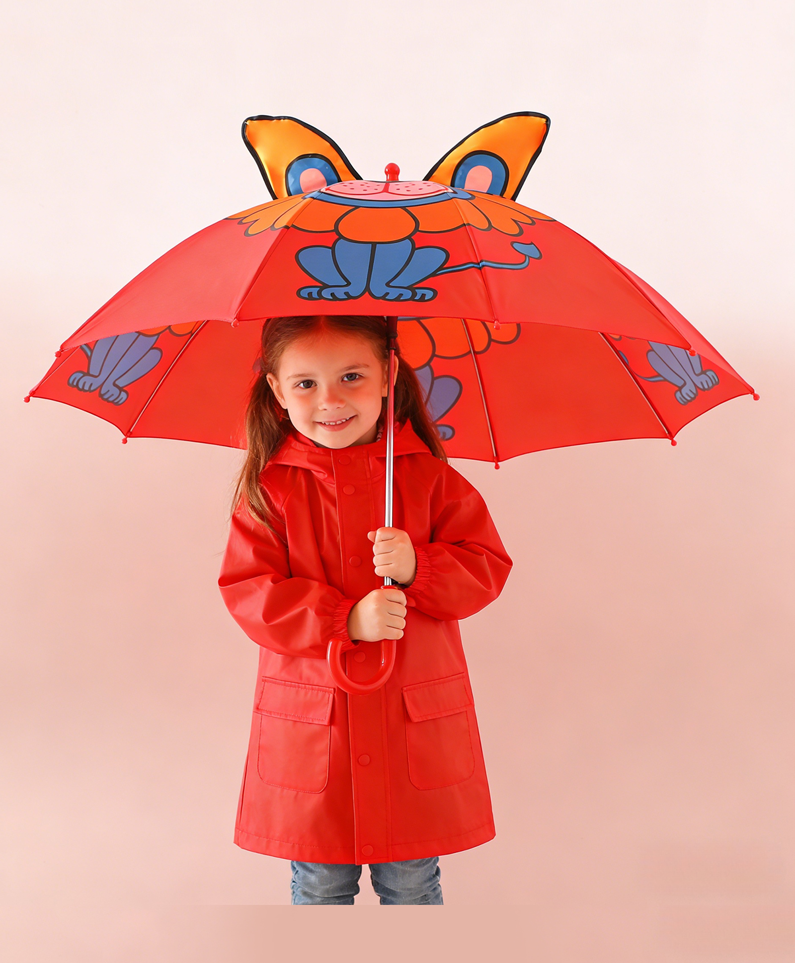 Babyhug Free Size Umbrella with Lion Print with Applique- Red-picture-28
