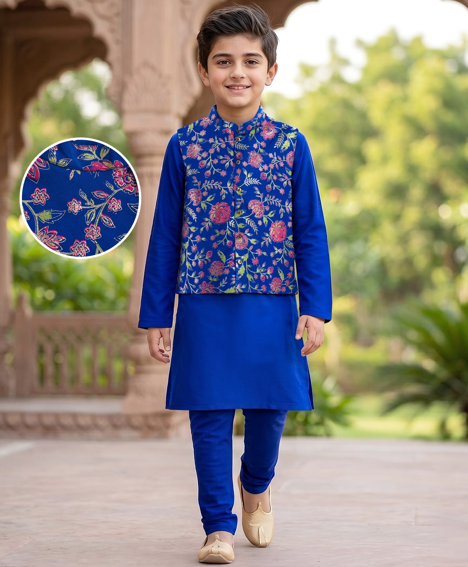 EARTHY TOUCH 100% Cotton Knit Half Sleeves Floral Foil Printed Kurta & Pyjama Set With Jacket - Navy Blue-image-26