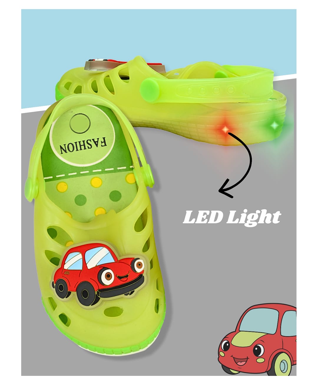 Yellow Bee Car Applique Detailed Perforated Slingback LED Clogs - Green-image-18