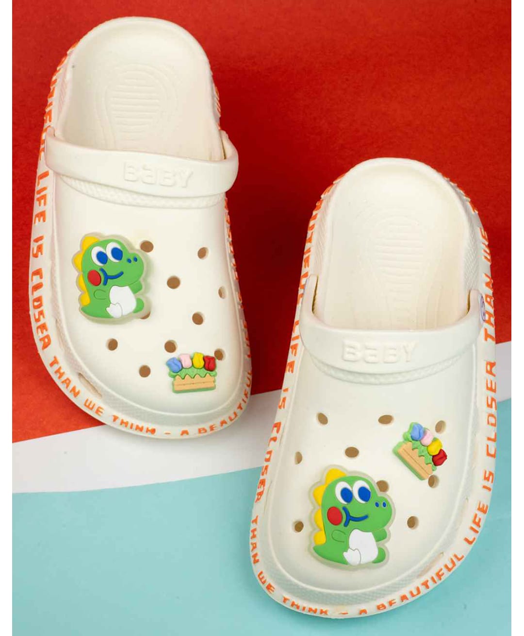 Yellow Bee Dinosaur & Floral Applique Detailed Perforated Slingback Clogs - White-picture-24