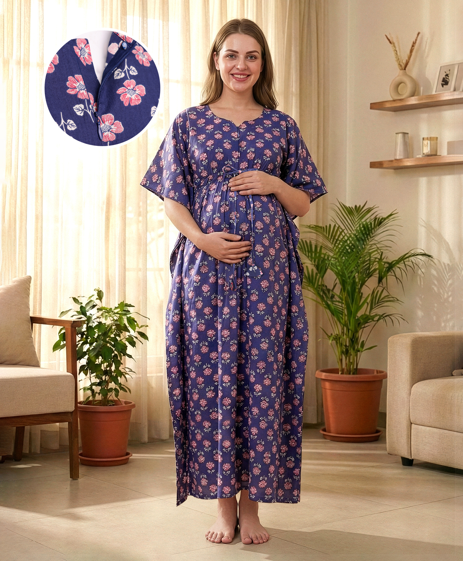 Bella Mama Cotton Woven Half Sleeves Maternity Nursing Kaftan with Floral Print - Navy Blue