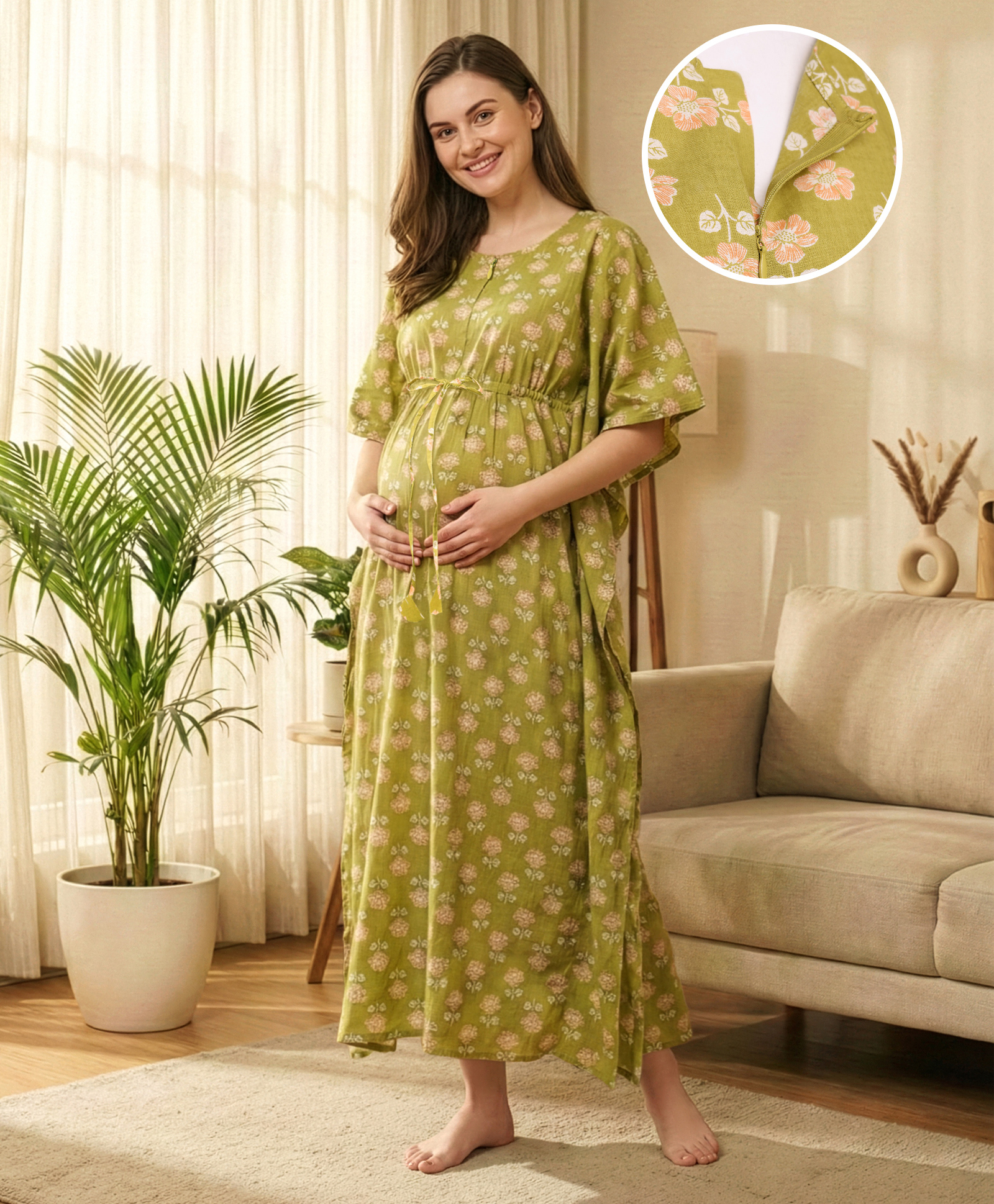 Bella Mama Cotton Woven Half Sleeves Maternity Nursing Kaftan with Floral Print - Lime Green