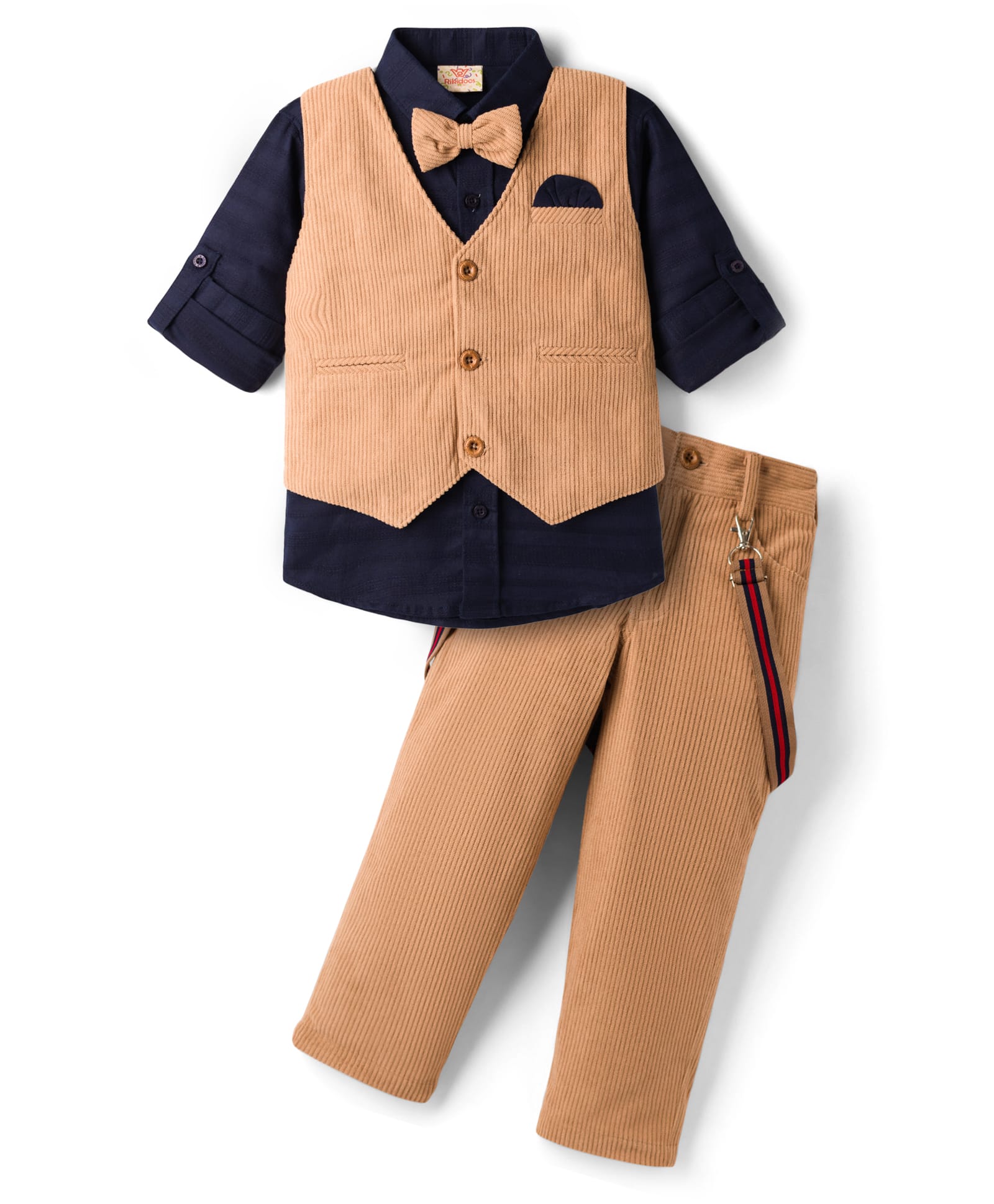 Rikidoos Cotton Woven Full Sleeves Solid Colour 3 Piece Corduroy Party Suit with Bow & Suspender - Navy Blue & Khaki-picture-23