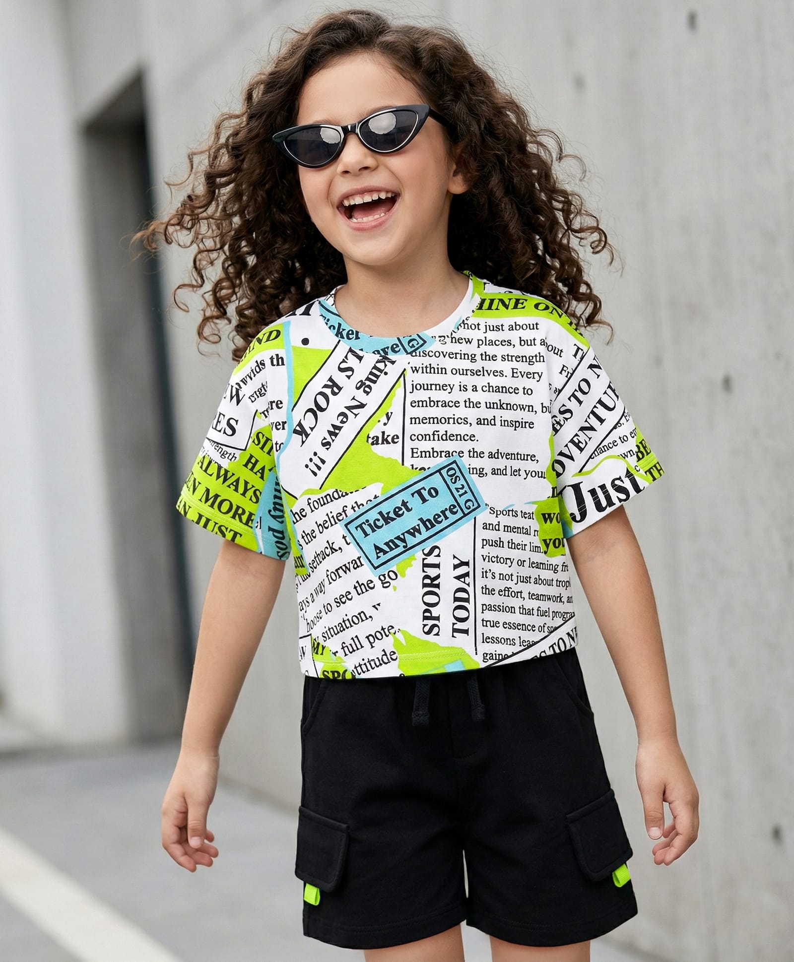 OLLINGTON ST. Cotton Knit Half Sleeves Top With Print & Shorts Set - Multicolor & Black-image-39