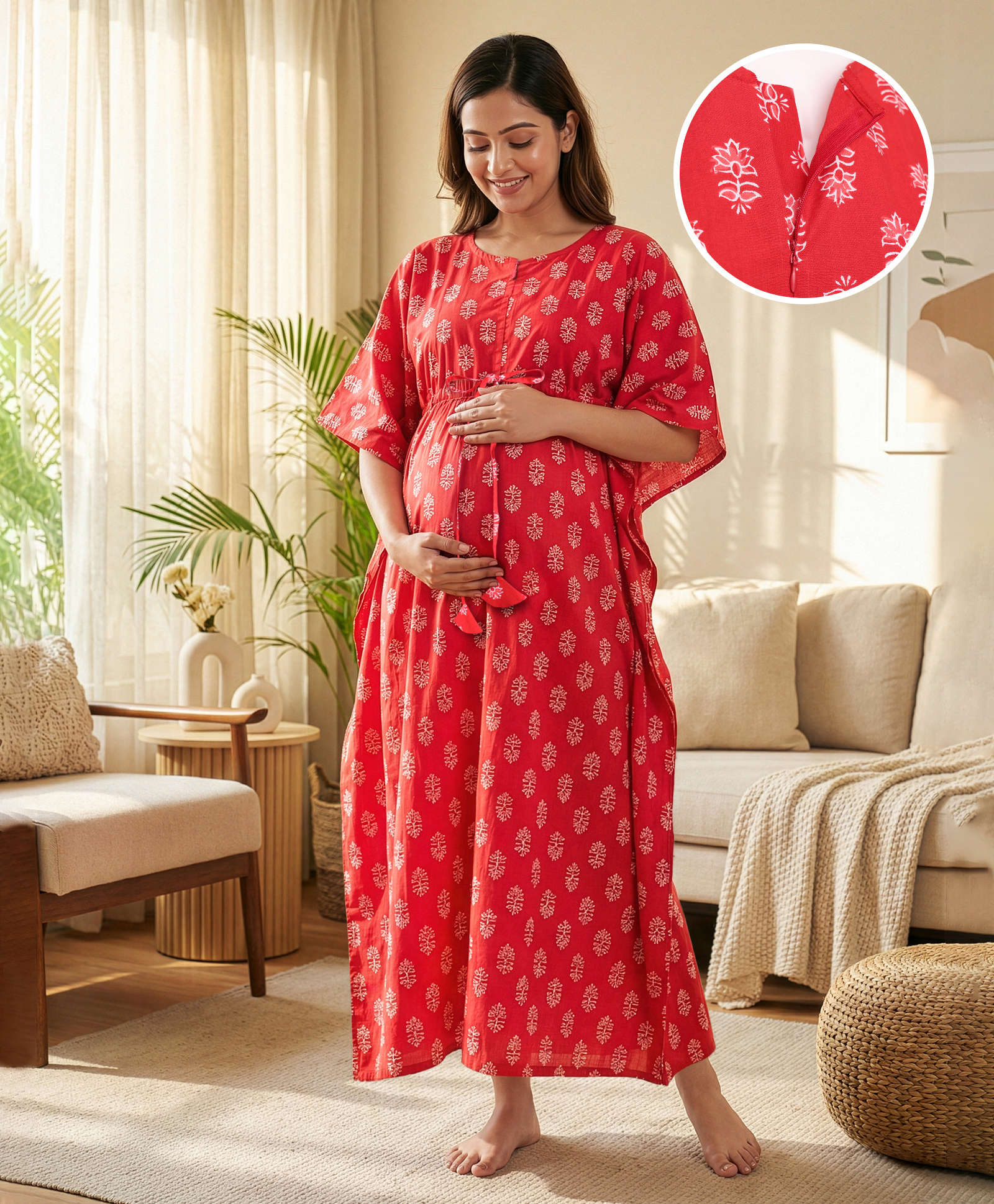 Bella Mama Cotton Woven Half Sleeves Maternity Nursing Kaftan with Floral Print - Red-image-48