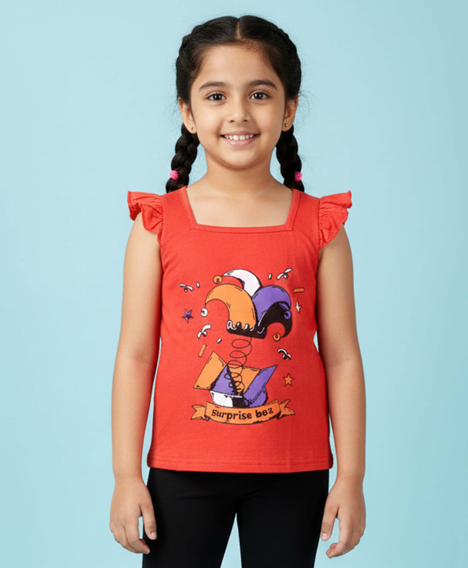 Kiddopanti Cotton Knit Frill Sleeves Surprise Box Printed Top - Coral-picture-17