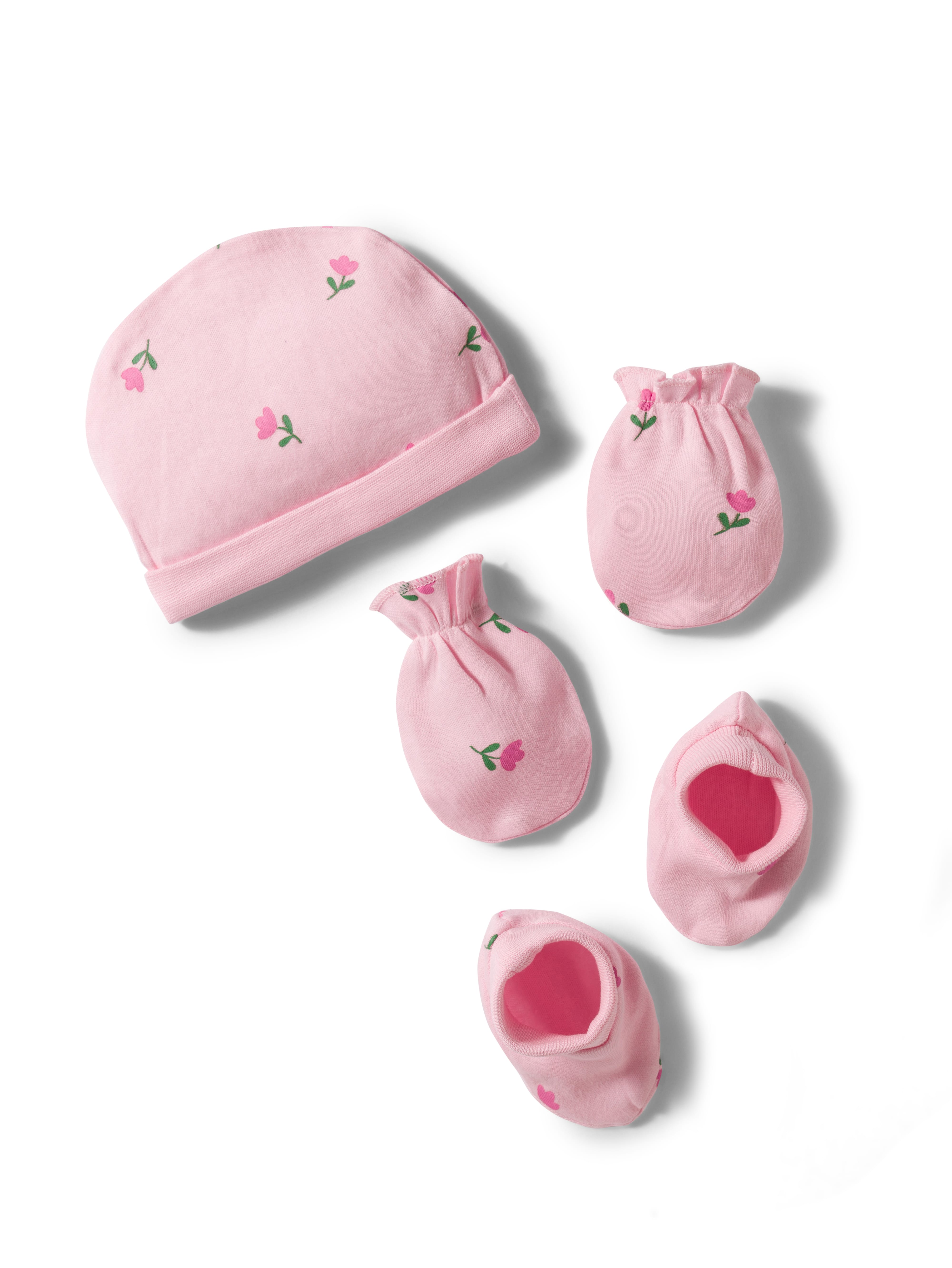 Babyhug 100% Cotton Knit Floral Printed Cap Mittens & Booties Set Pink - Diameter 13.5 cm-image-39