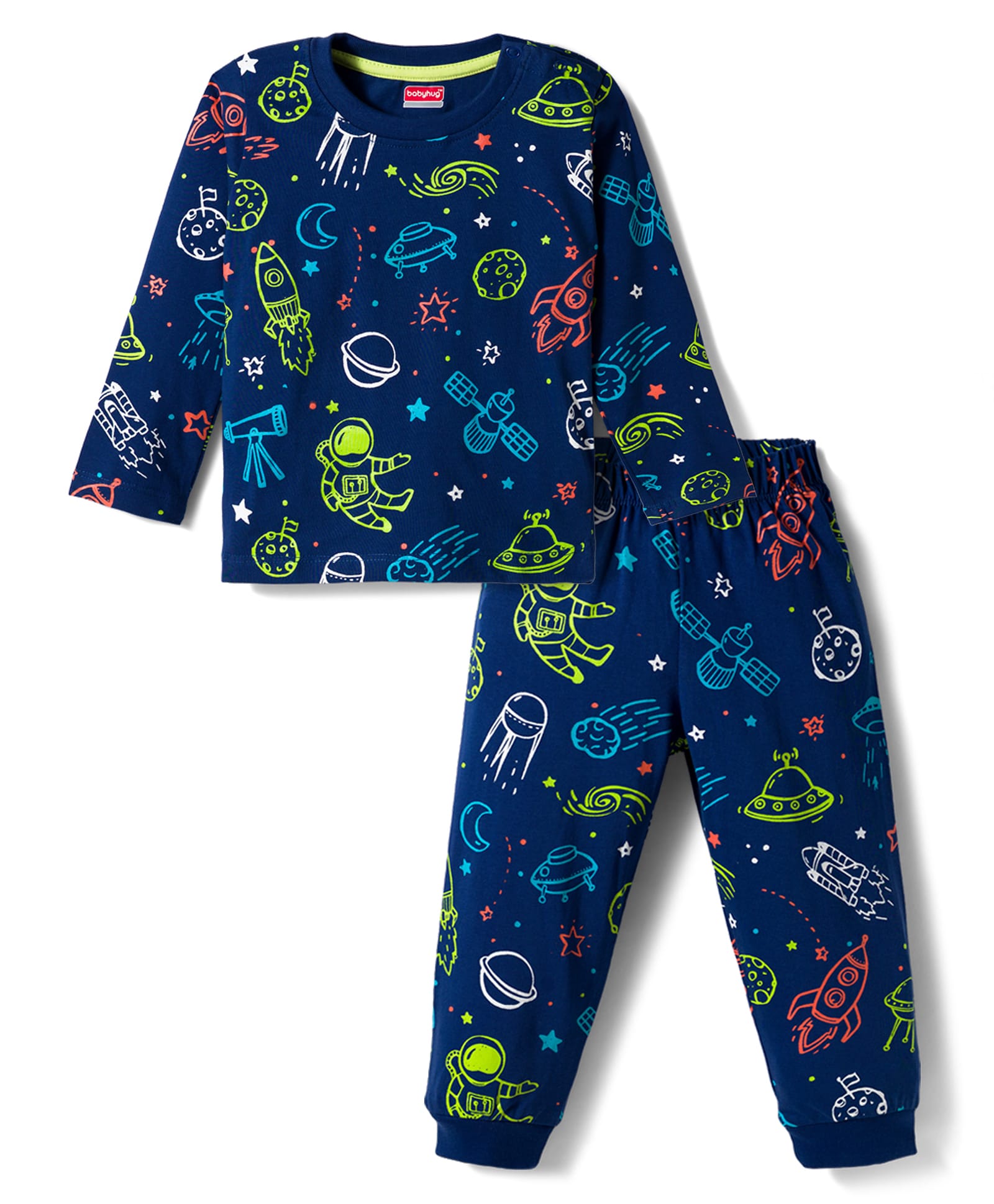 Babyhug Cotton Knit Full Sleeves T-Shirt & Pyjama Co-ord Night Suit With Space Theme Print - Navy Blue-image-28