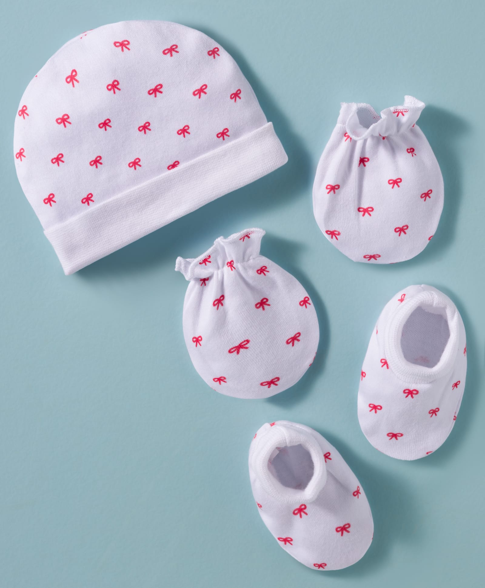 Babyhug 100% Cotton Knit Cap Mittens & Booties Set with Bow Print White - Diameter 13.75 cm-picture-14