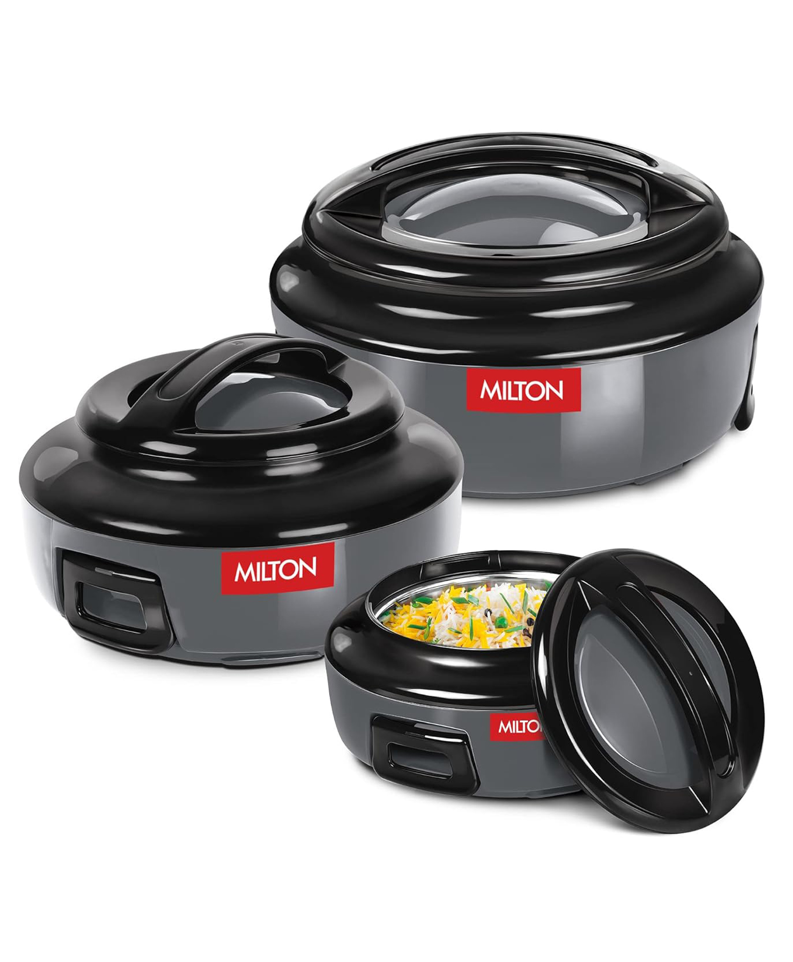 Milton Ernesto Inner Stainless Steel Jr. Casserole Set of 3 (390,720 and 1320 ml), Grey | Easy to Carry | Serving | Stackable-picture-47