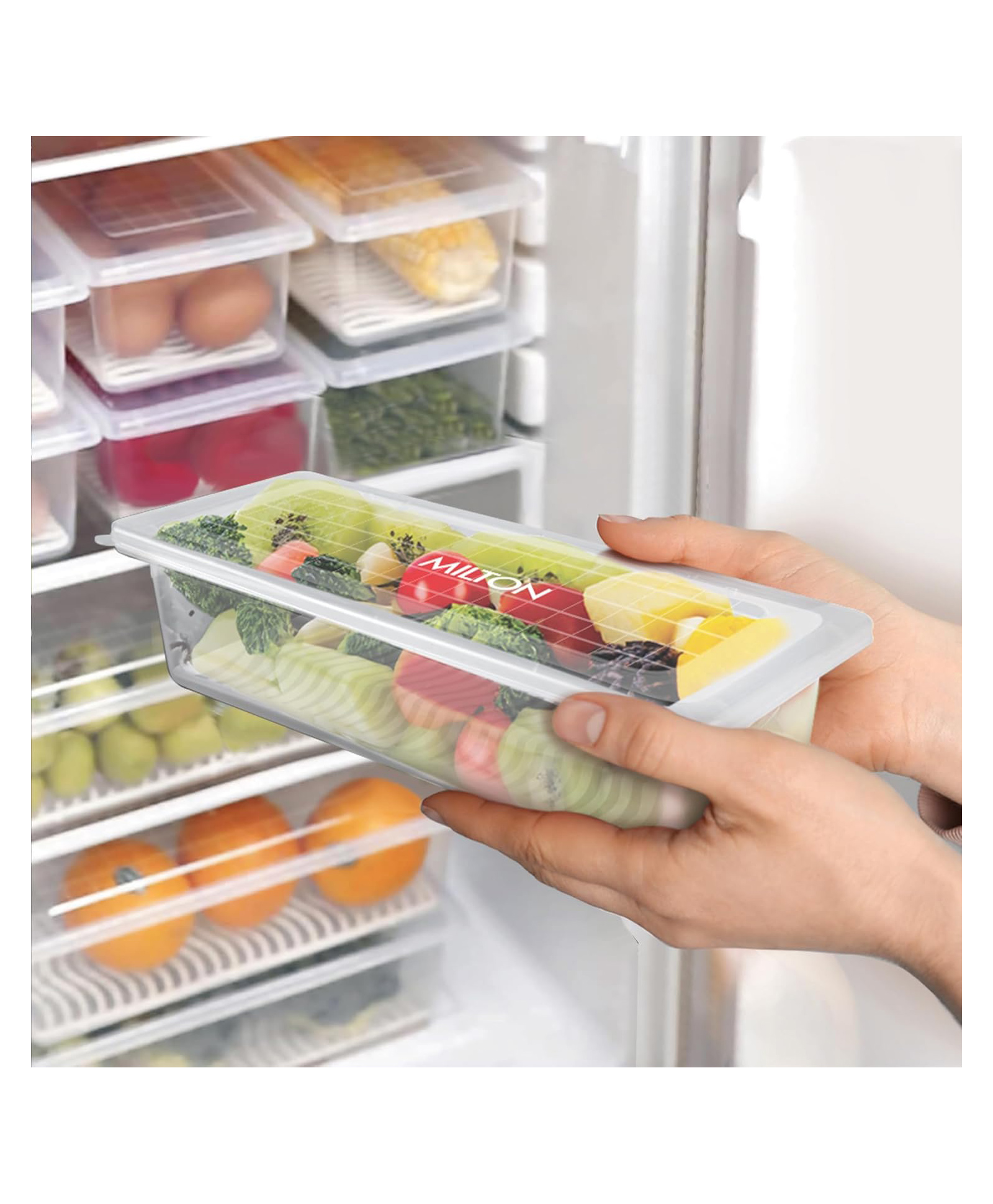 Milton Cryo Fridge Storage Boxes Set of 6 Fridge Organizer Container With Waterproof Vinyl Stickers & Removable Drain Plate, Lid, Stackable Box, Plastic Containers 1500 ml, Transparent-picture-10