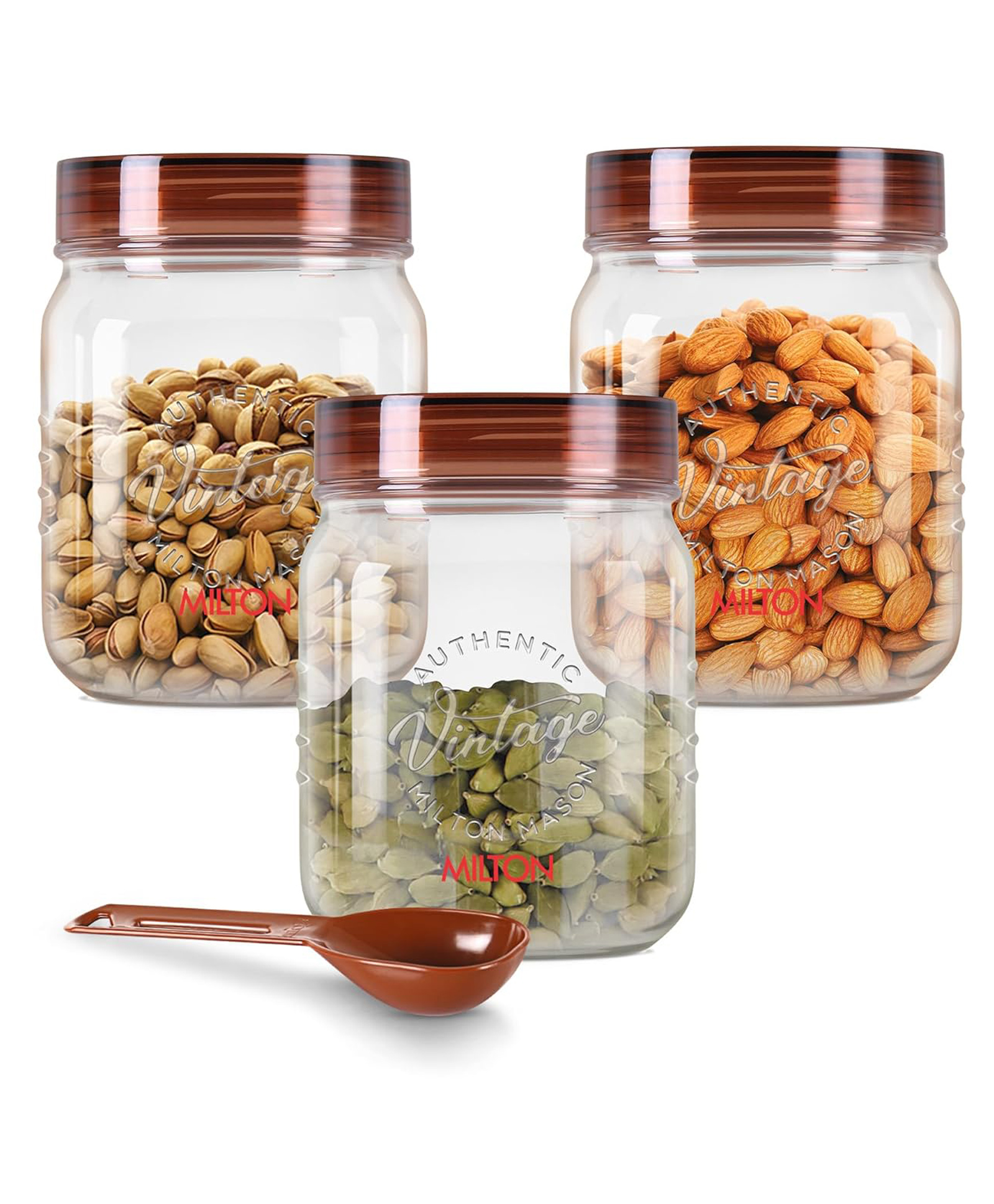 Milton Vintage Airtight Containers With Spoons for Kitchen Storage, Food Grade Plastic, Stackable & Transparent Organizer Jars, Masala Dabba, Set of 3 (500 ml Each) for Tea, Coffee, Sugar, Dry Fruits-image-8