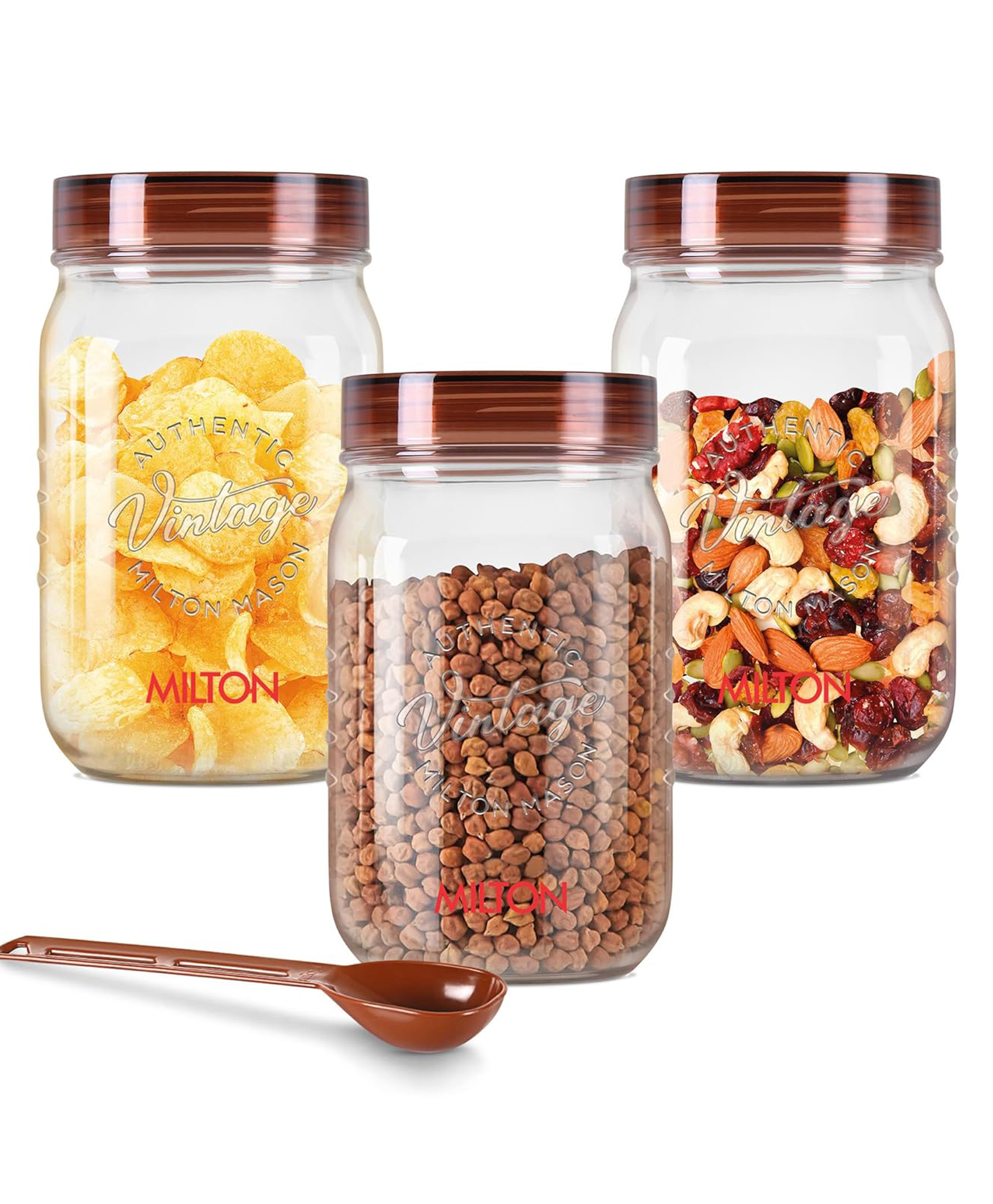 Milton Vintage Airtight Containers With Spoons for Kitchen Storage, Food Grade Plastic, Stackable & Transparent Organizer Jars, Masala Dabba, Set of 3 (750ml Each) for Tea, Coffee, Sugar, Dry Fruits-image-44
