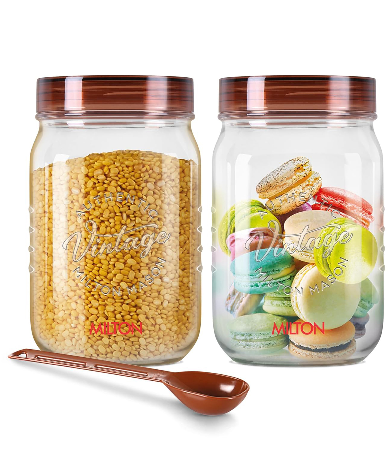 Milton Vintage Airtight Containers With Spoons for Kitchen Storage, Food Grade Plastic, Stackable & Transparent Organizer Jars, Masala Dabba, Set of 2 (1.5 Litres Each) Tea, Coffee, Sugar, Dry Fruits-image-28