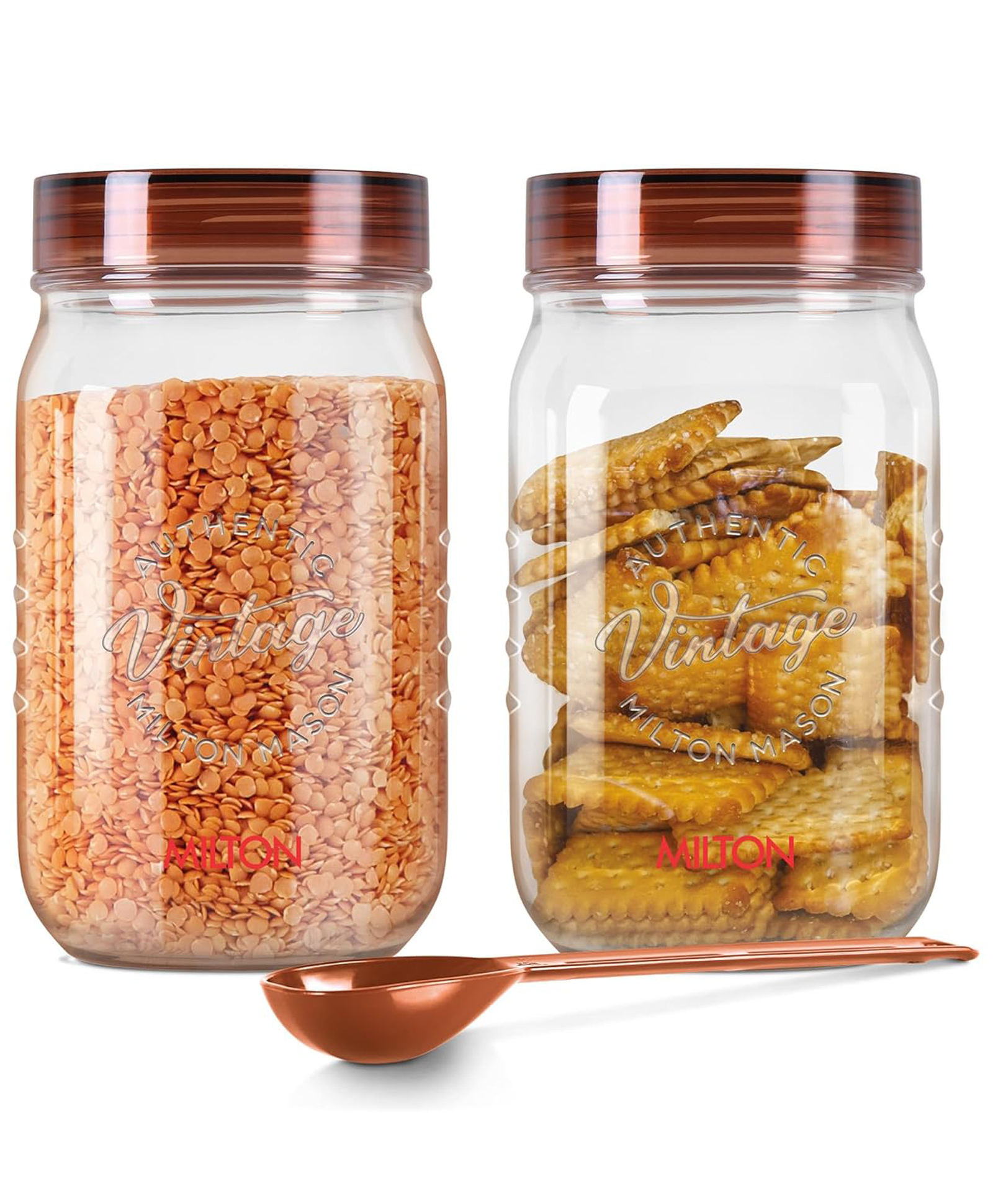 Milton Vintage Airtight Containers with Spoons for Kitchen Storage Food Grade Plastic, Stackable & Transparent Organizer Jars, Masala Dabba, Set of 2 (2 Litres each) for Tea, Coffee, Sugar, Dry Fruits-image-46