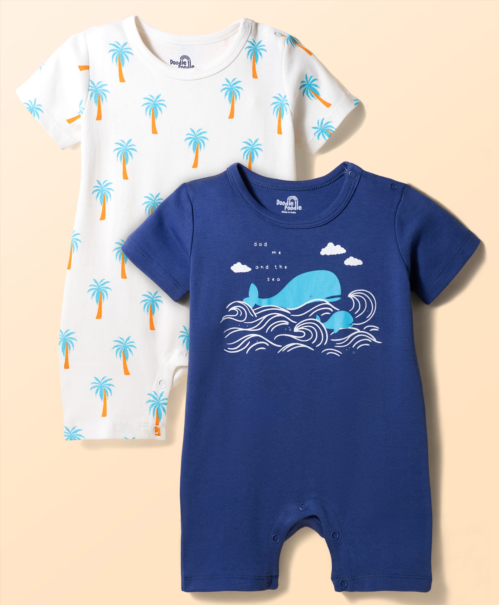 Doodle Poodle 100% Cotton Knit Half Sleeves Rompers with Beach Theme Print Pack of 2 - Navy Blue & White-image-48