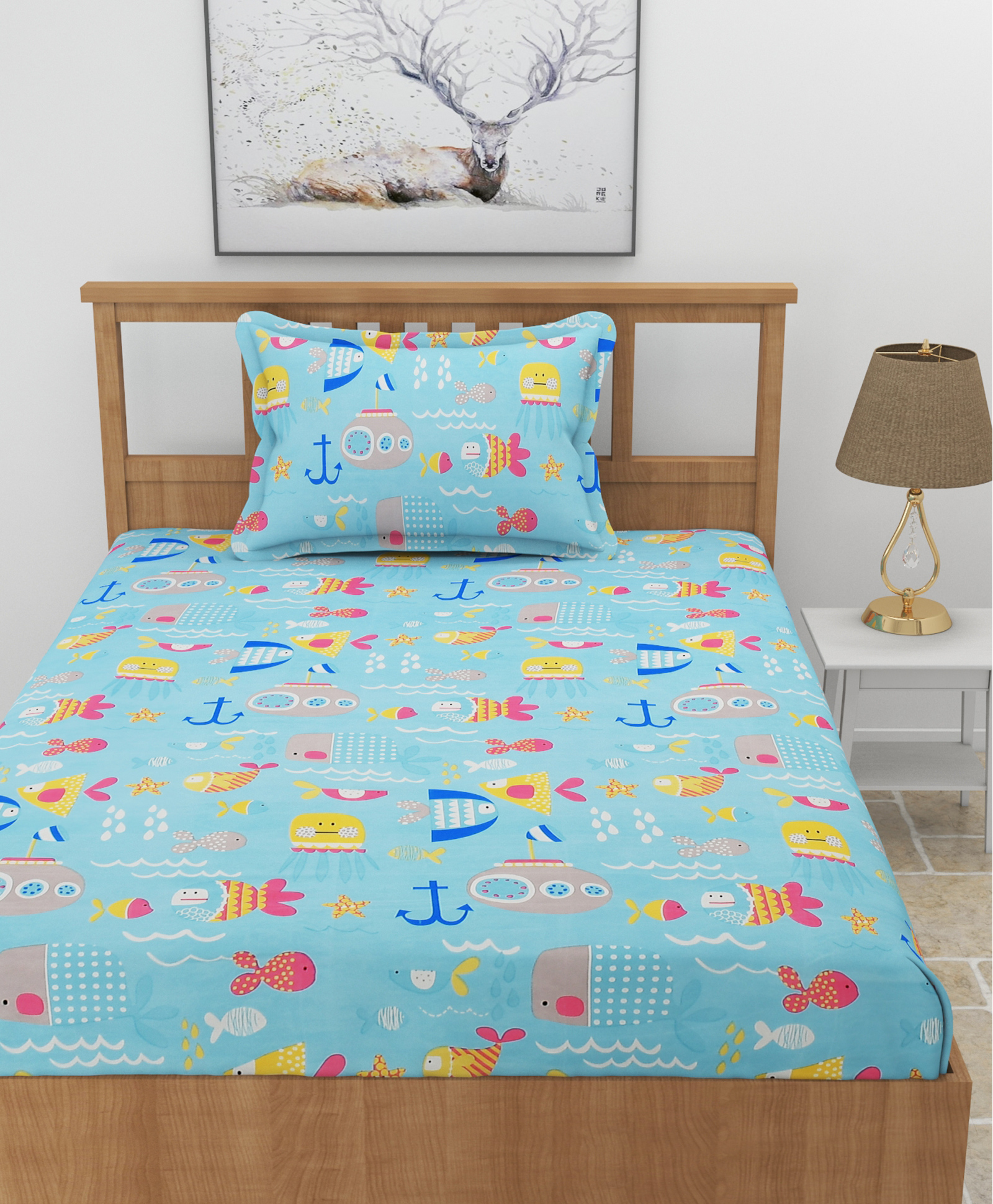 Morado Premium Glace Water Animal Print Cotton Elastic Fitted Single Bedsheet With 1 Pillow Cover - Blue-picture-22
