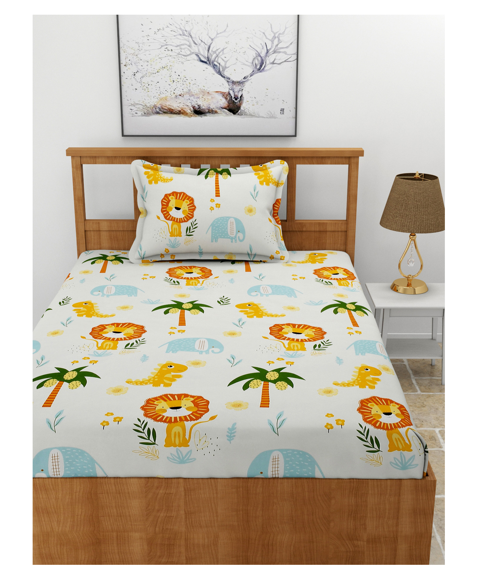 Morado Premium Glace Lion Print Cotton Elastic Fitted Single Bedsheet With 1 Pillow Cover - Cream-image-33