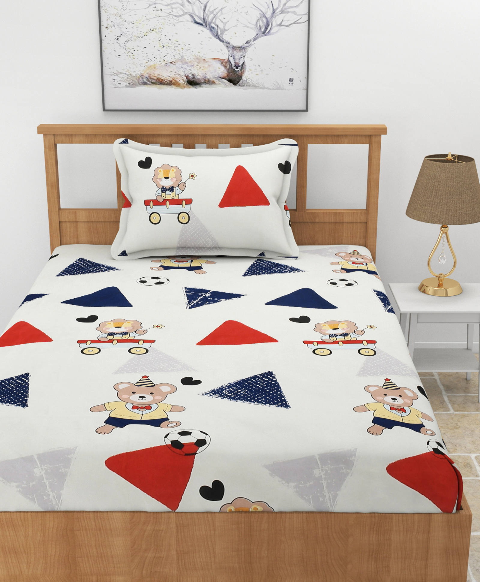 Morado Premium Glace Red & Blue Triangle Print Cotton Elastic Fitted Single Bedsheet With 1 Pillow Cover - Red-picture-48