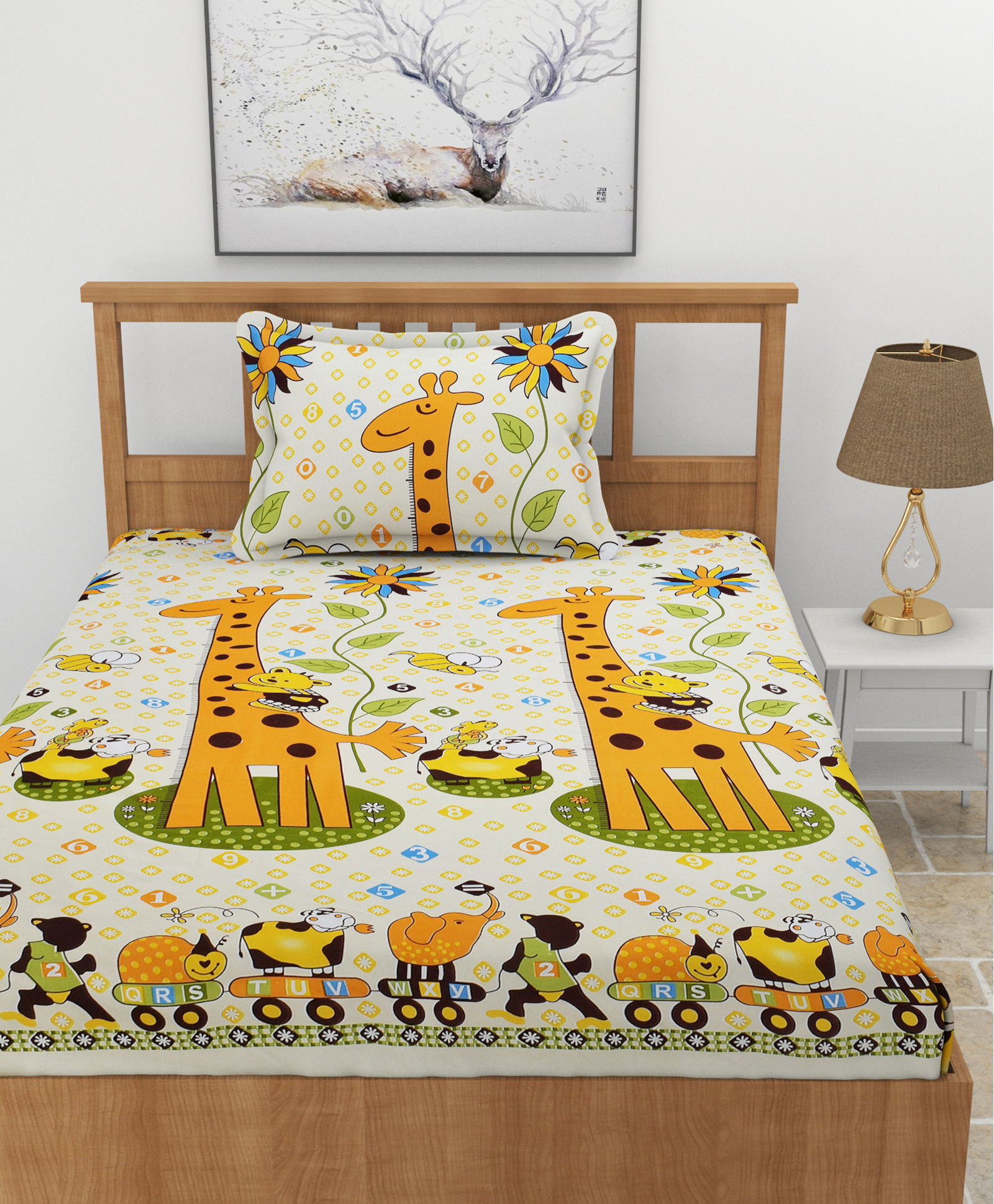 Morado Premium Glace Giraffe Print Cotton Elastic Fitted Single Bedsheet With 1 Pillow Cover - Yellow-image-15