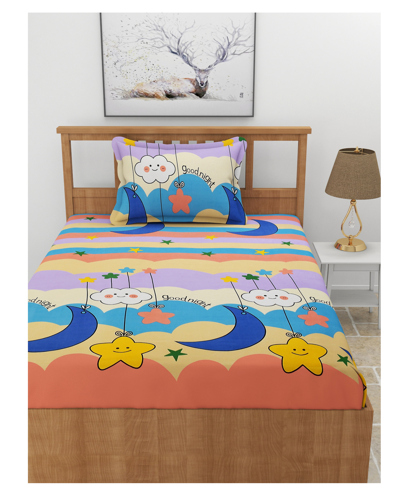 Morado Premium Glace Good Night Cotton Elastic Fitted Single Bedsheet With 1 Pillow Cover - Multicolor-image-47