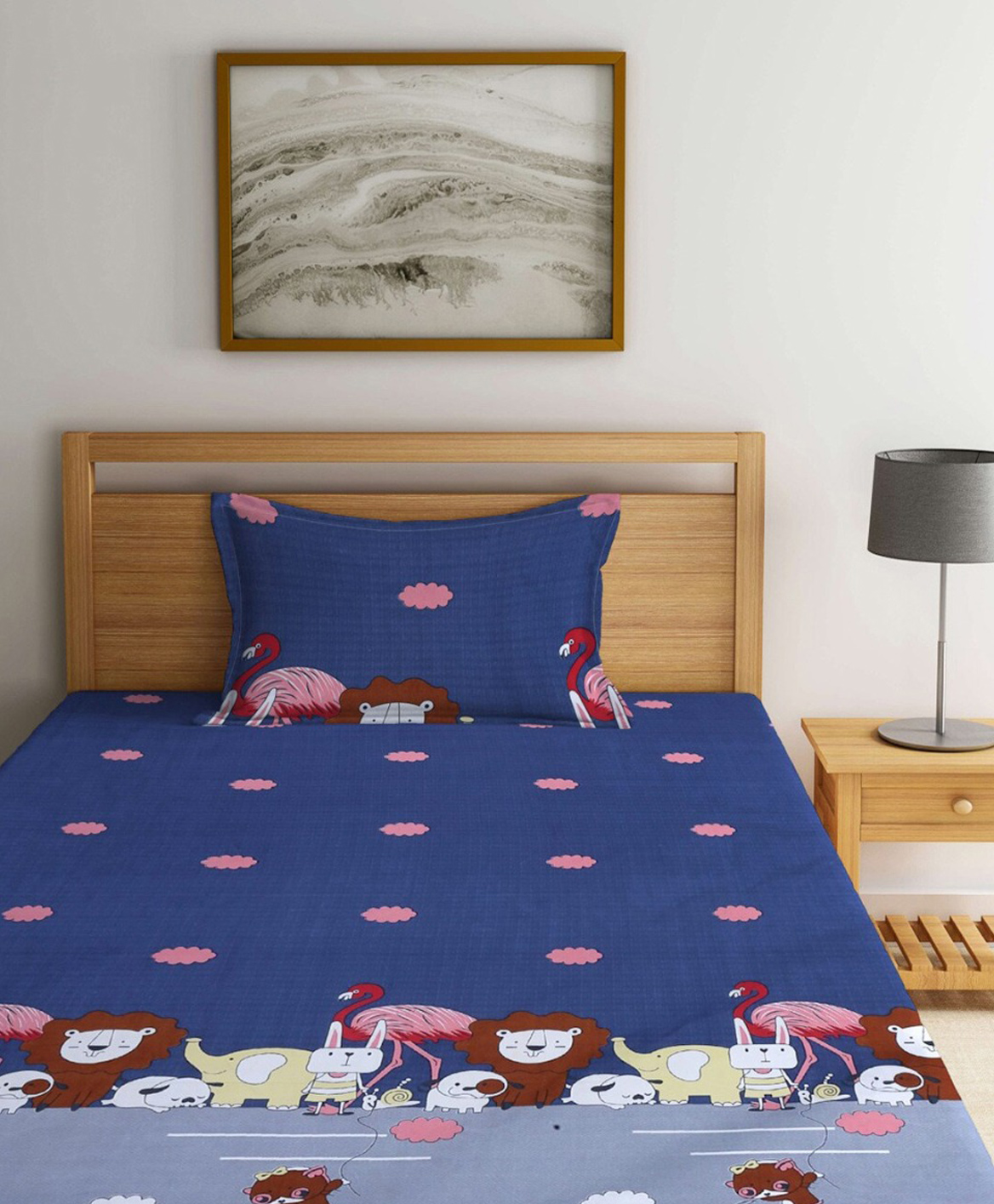 Morado Premium Glace Animal Carnival Print Cotton Elastic Fitted Single Bedsheet With 1 Pillow Cover - Blue-picture-4
