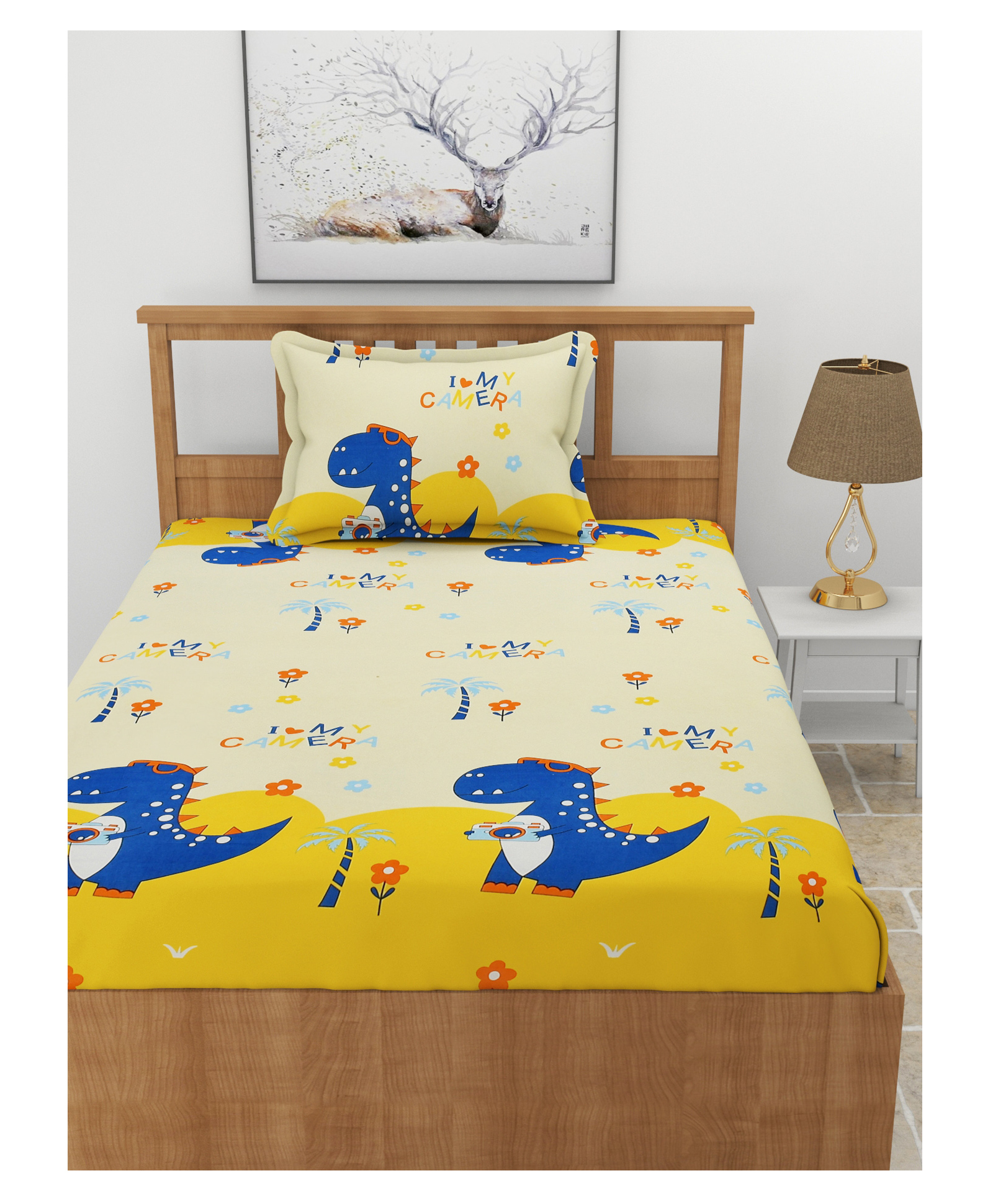 Morado Premium Glace I Love My Camera Print Cotton Elastic Fitted Single Bedsheet With 1 Pillow Cover - Yellow-picture-12