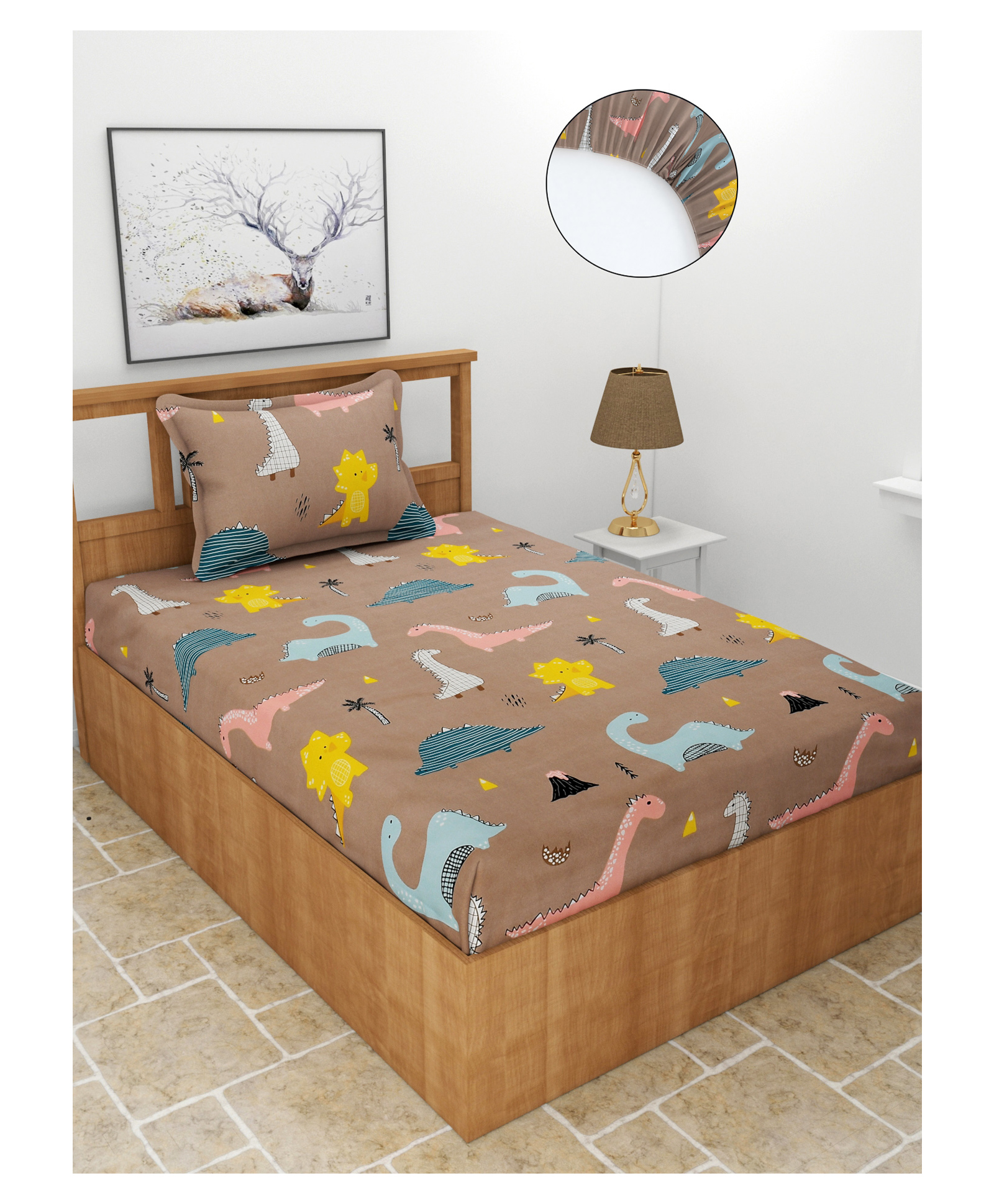 Morado Premium Glace Dinosaur Print Cotton Elastic Fitted Single Bedsheet With 1 Pillow Cover - Brown-picture-42