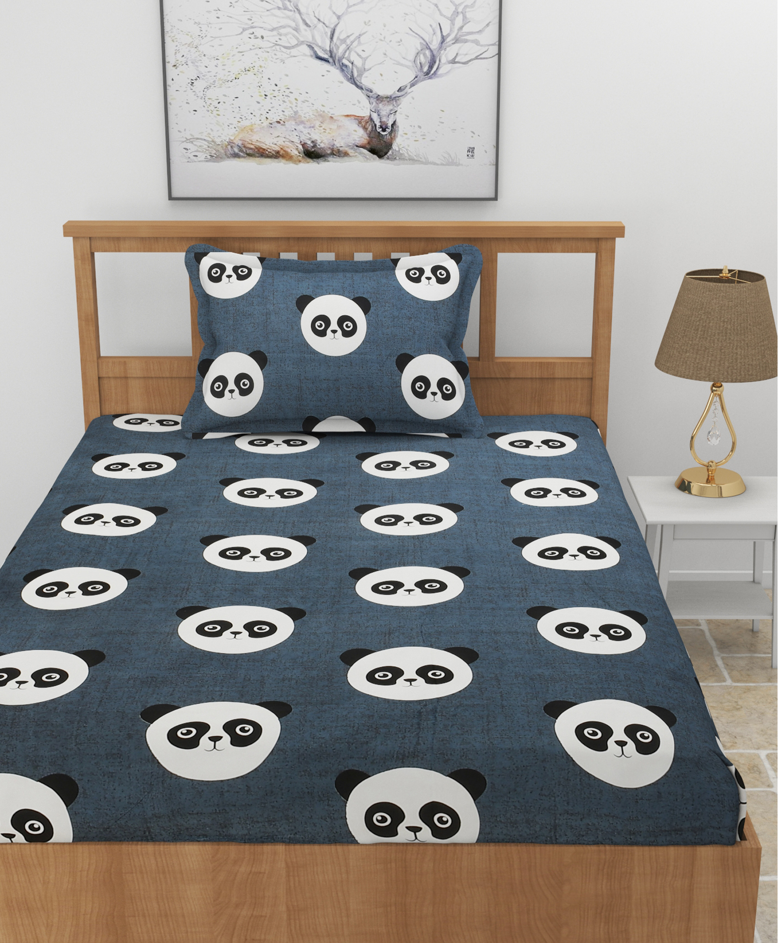 Morado Premium Glace Panda Print Cotton Elastic Fitted Single Bedsheet With 1 Pillow Cover - Black-image-21