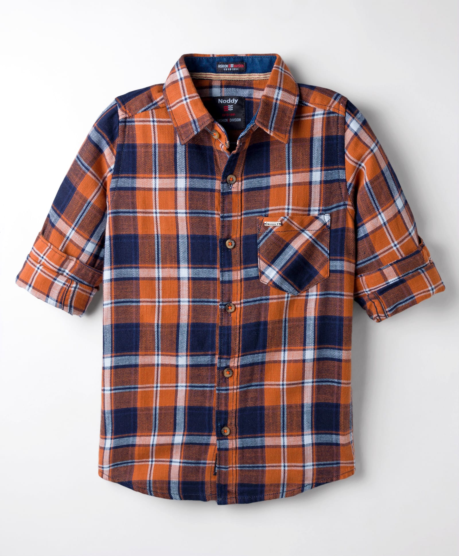 Noddy Full Sleeves Tartan Checked Shirt - Orange & Blue-image-4